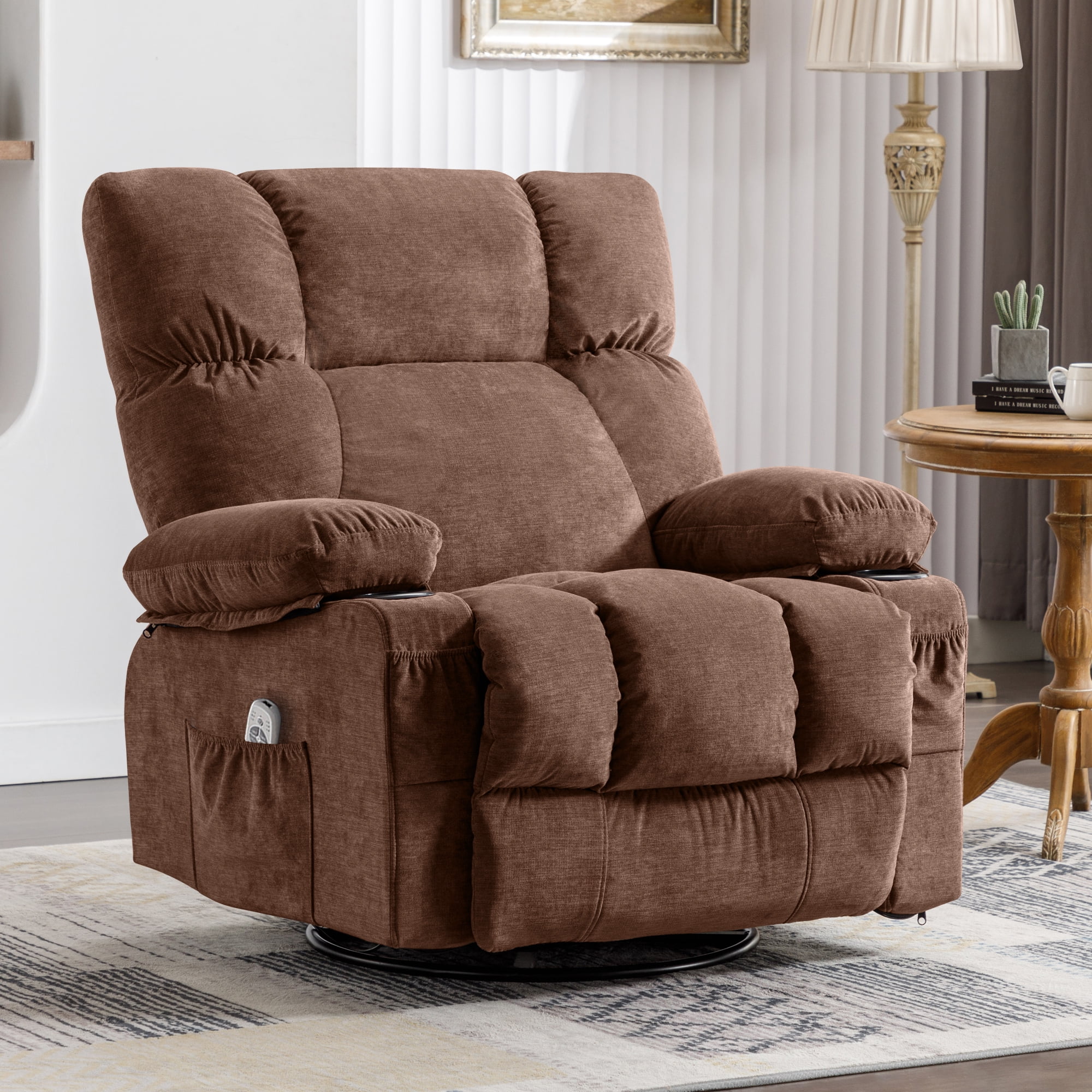 JONPONY Manual Recliner Chair with Heat Therapy and Massage Function, Heavy Duty Reclining Mechanism Massage Chair, Elderly Single Rocker Sofa with Cup Holders for Bedroom Home Theater, Grey