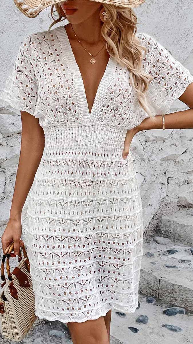 Women's Deep V Elastic Wave Hollow-out Dress - Nordfashionstorm - Women's Clothing, Fashion for You - Nordfashionstorm.com