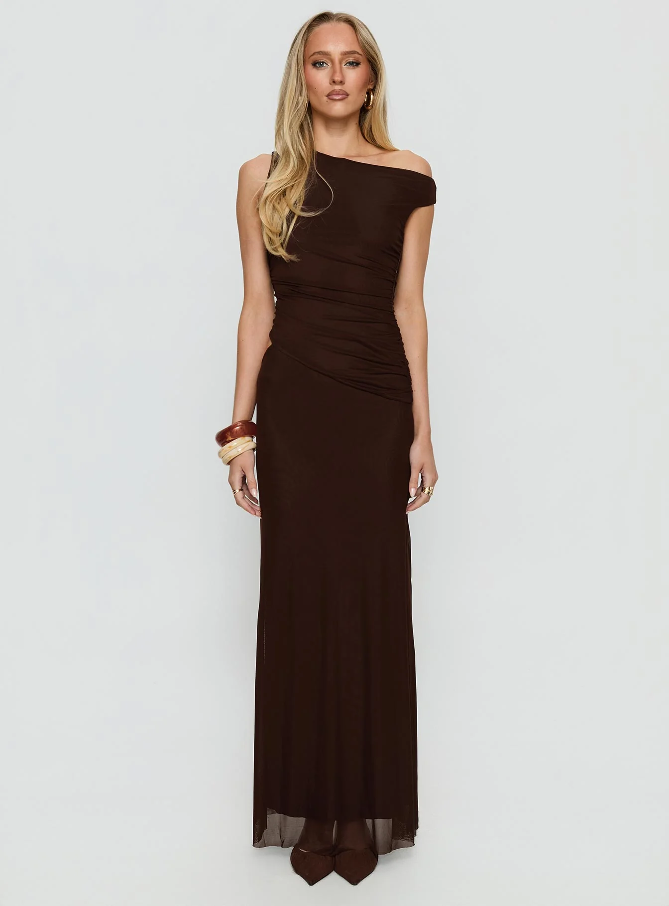 Krystyna Off Shoulder Ruched Maxi Dress Chocolate