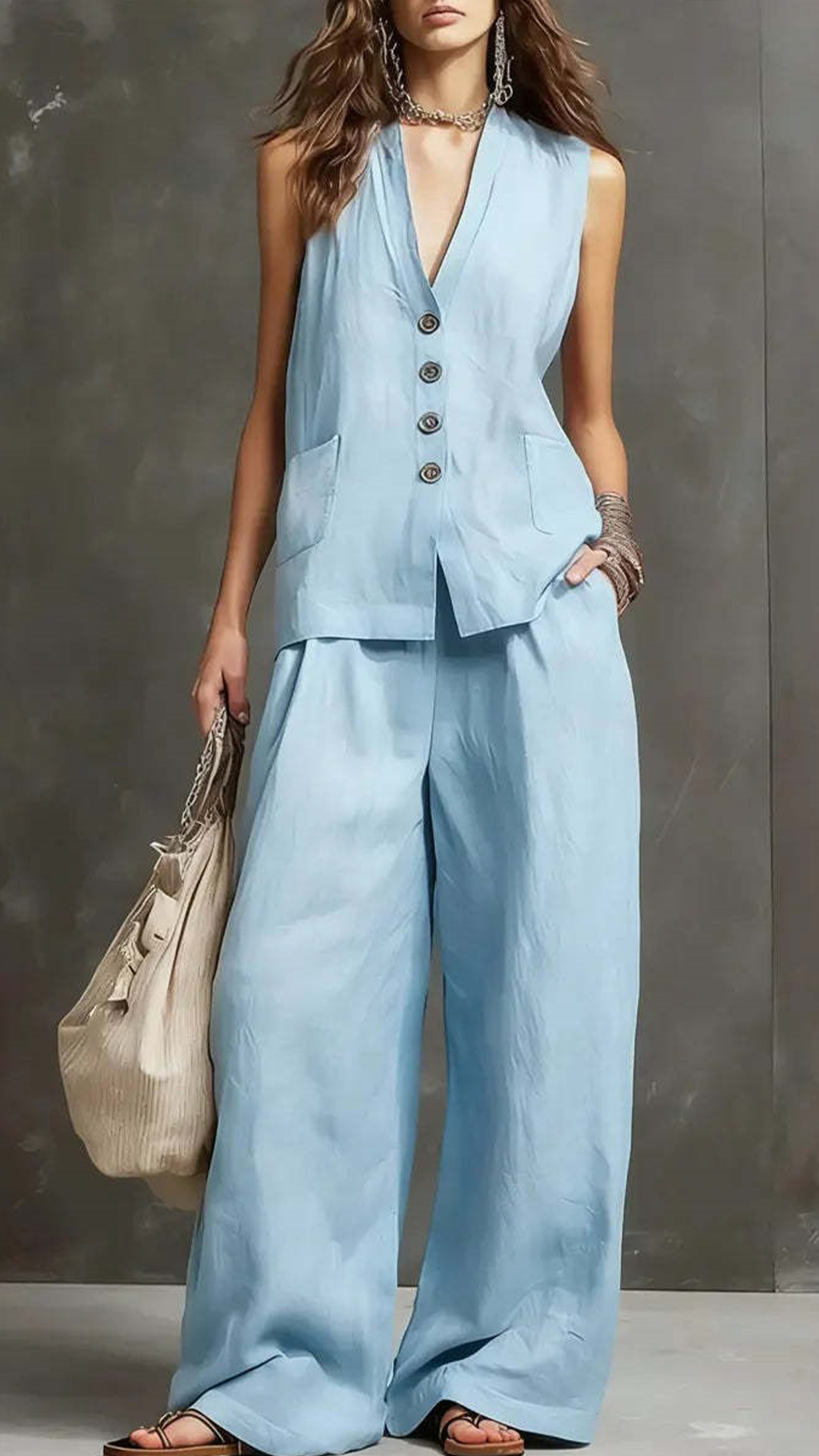 Women's Cotton-Blend Light Blue V-Neck Sleeveless Loose Set - Nordfashionstorm - Women's Clothing, Fashion for You - Nordfashionstorm.com
