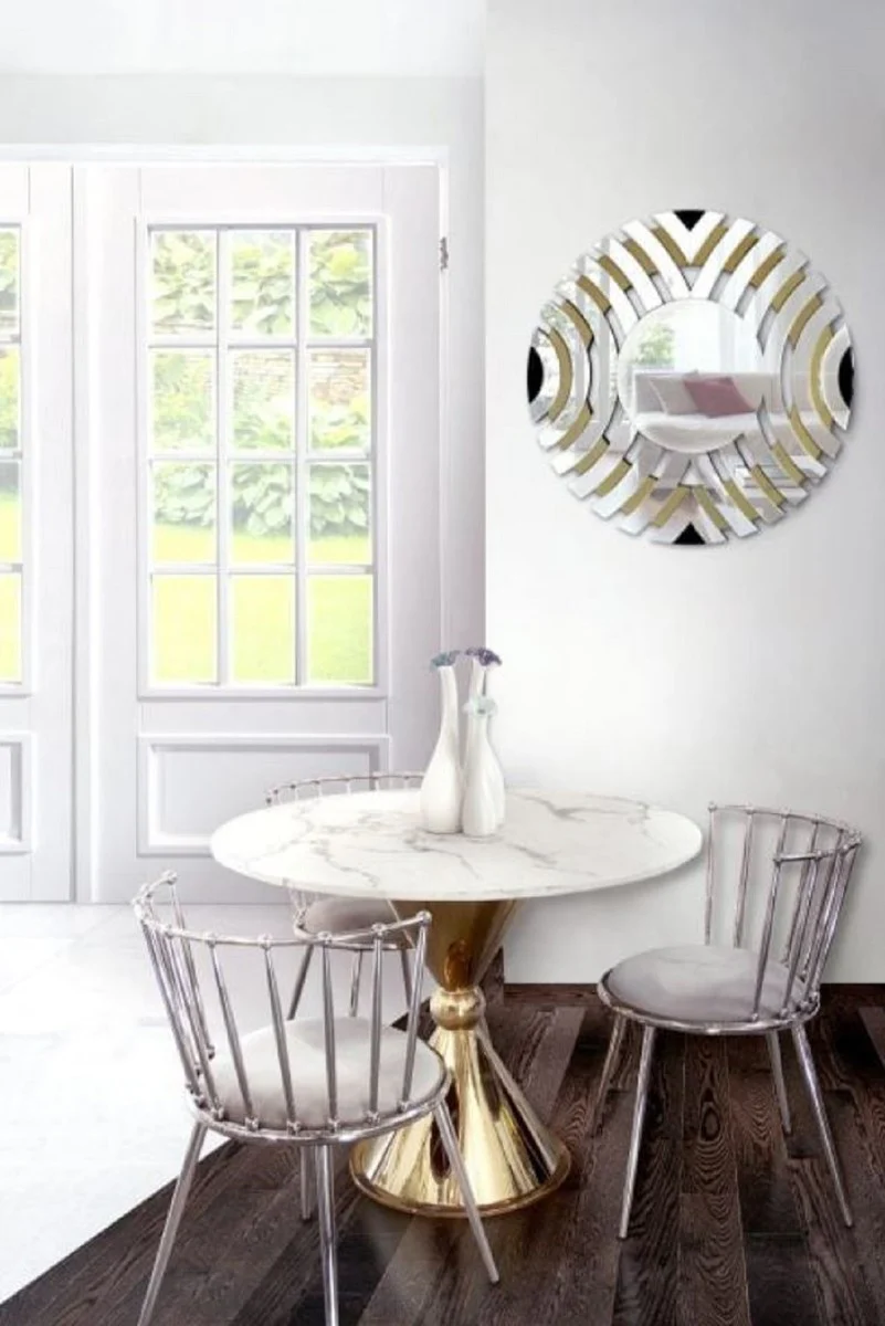 Luxury dining table white / gold Ø 100 x H. 75 cm - Round dining room table with synthetic marble top and steel legs - Dining room furniture