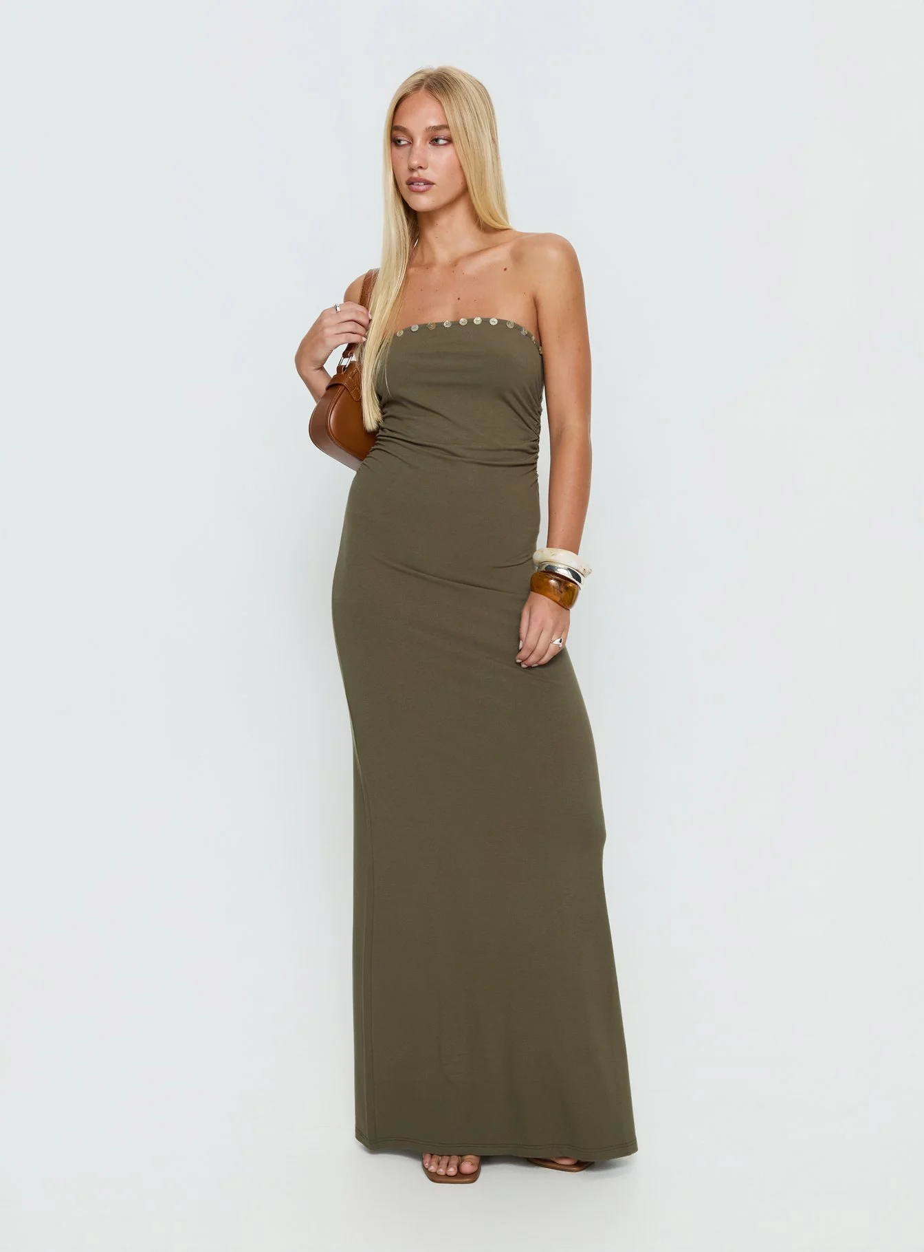 Erita Strapless Maxi Dress Kahki