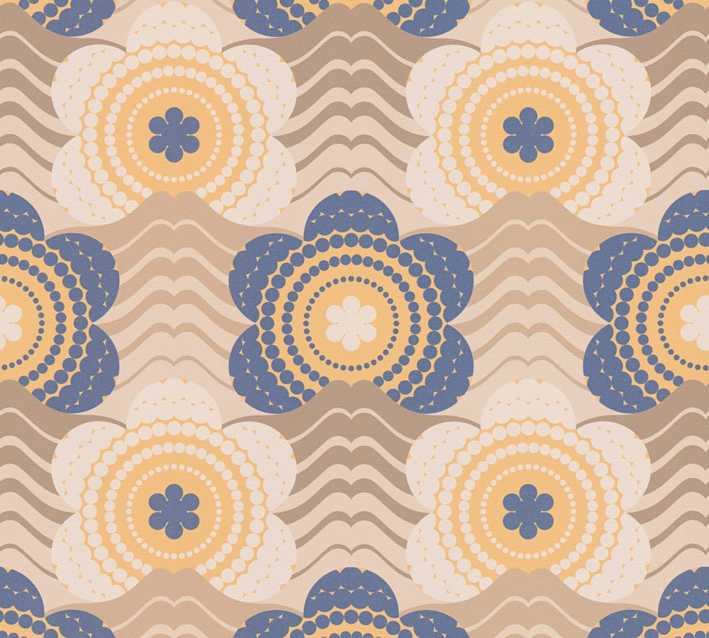 Behang licht gestructureerd met golven en bloemmotieven - beige, bruin, blauw Licht gestructureerd behang met golven en bloemmotieven - beige, bruin, blauw #1