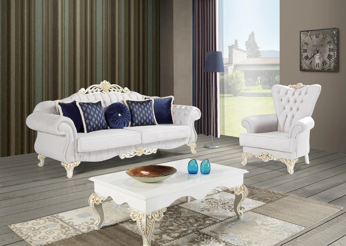 Baroque living room set light gray / white / cream / gold - 2 sofas & 2 armchairs & 1 coffee table - noble living room furniture in baroque style