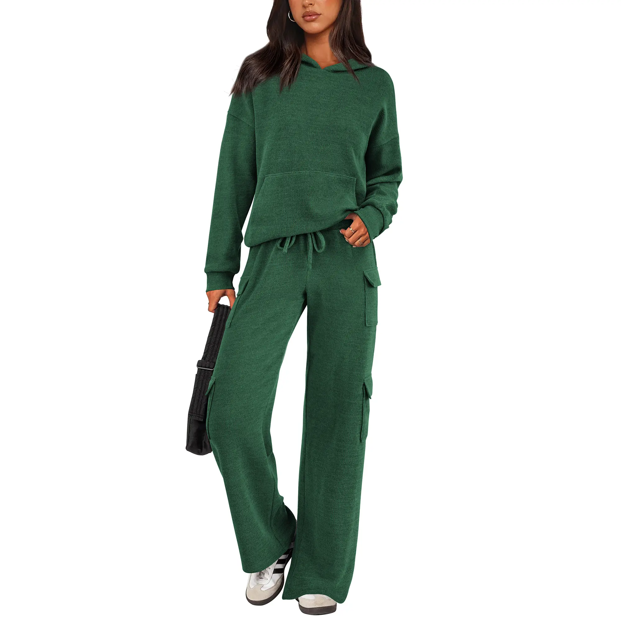 PRETTYGARDEN Women's Navy Blue 2-Piece Knitted Sets Hoodie & Wide Leg Pants with Pockets Drawstring Long Sleeve Loungewear Tracksuits Basic Fitted Clothes