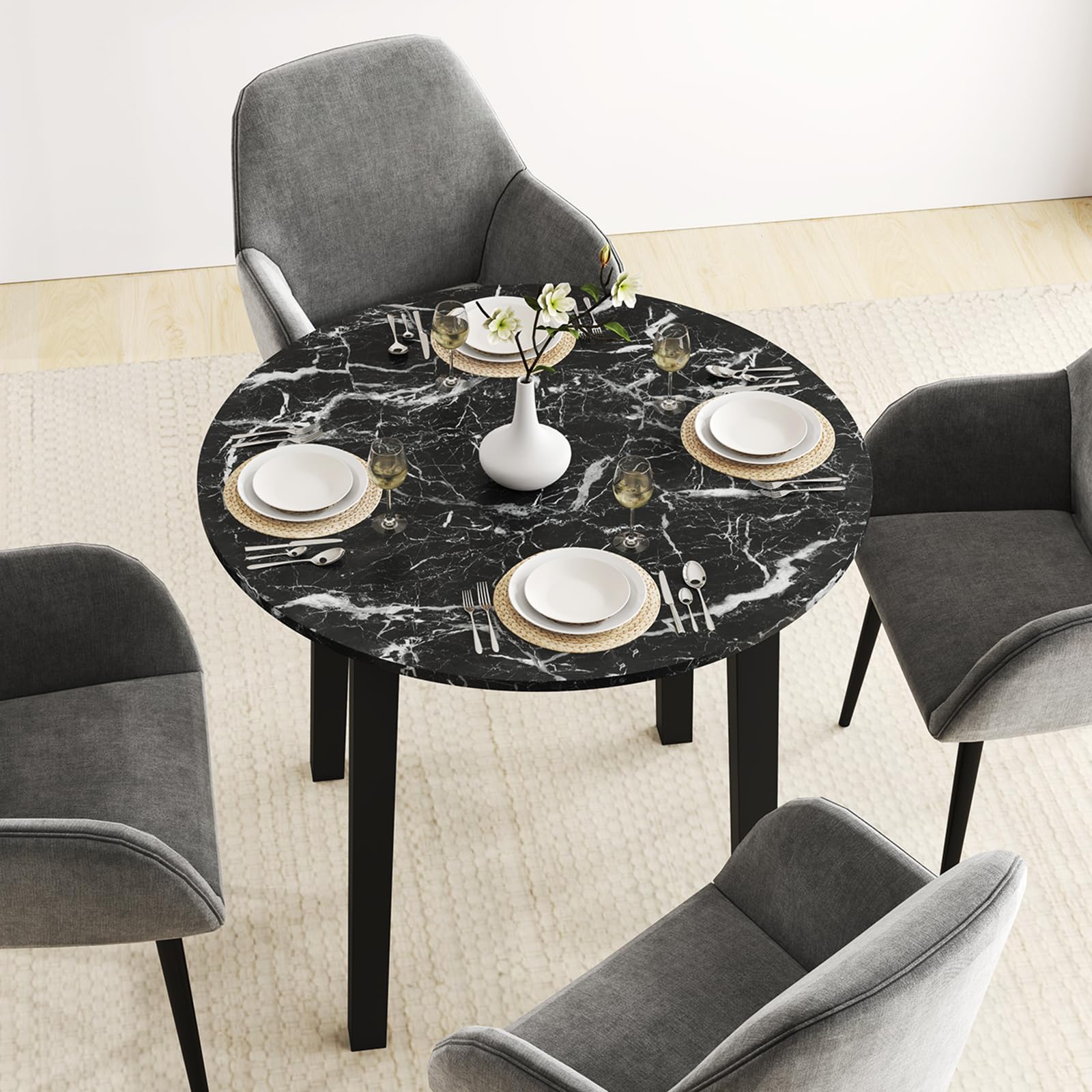 BEFOUNDLOVELY Round Dining Table with Rubber Wood Legs, Marble-Textured Veneer Tabletop