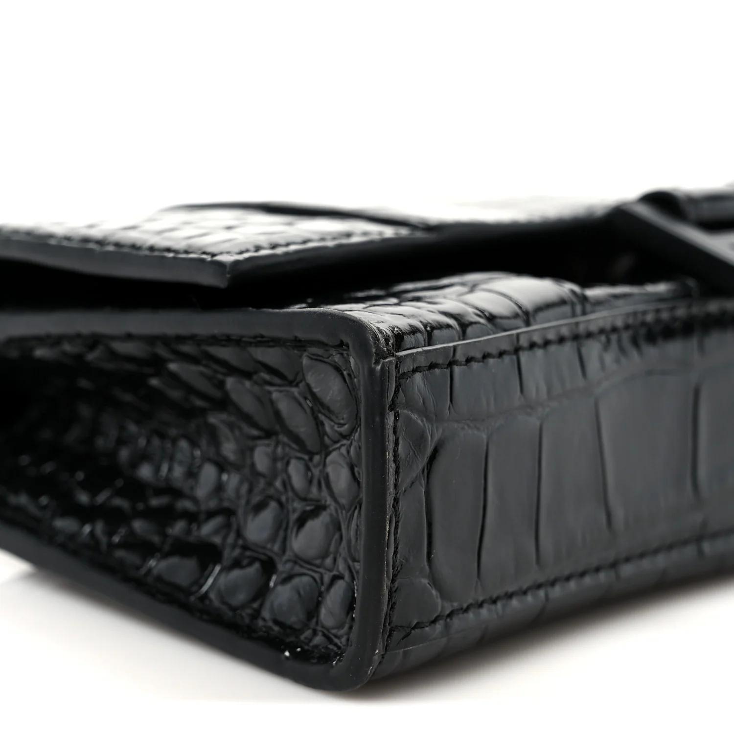 Shiny Calfskin Monochrome Crocodile Embossed Hourglass Chain Bag Black - Top Club