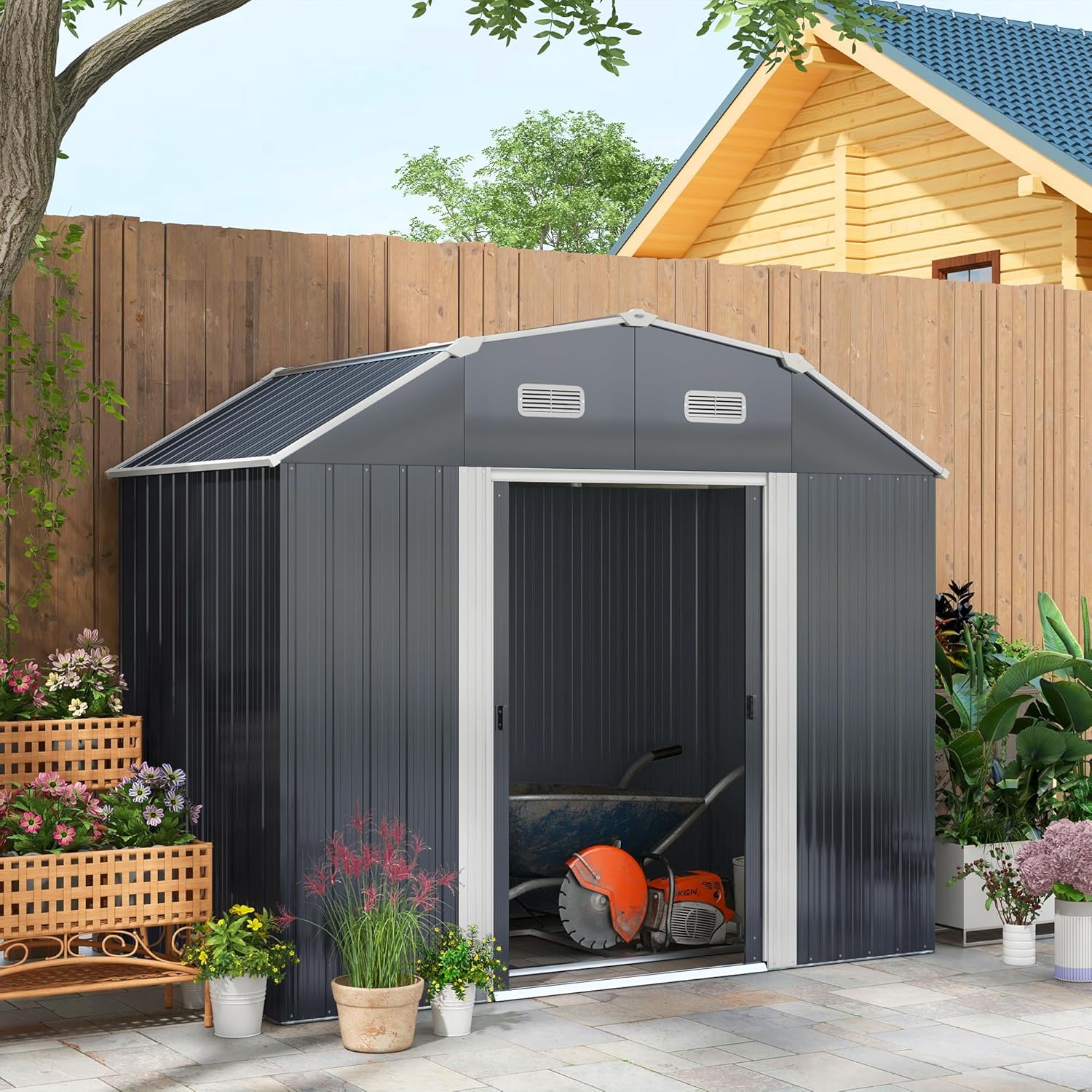 Outsunny Casetta da Giardino 2.7m² in Acciaio Zincato con Ripiani Regolabili, Prese d'Aria, Capanno da Giardino con Lucchetto, Tetto Inclinato, Doppie Porte Scorrevoli Bloccabili, Grigio Scuro