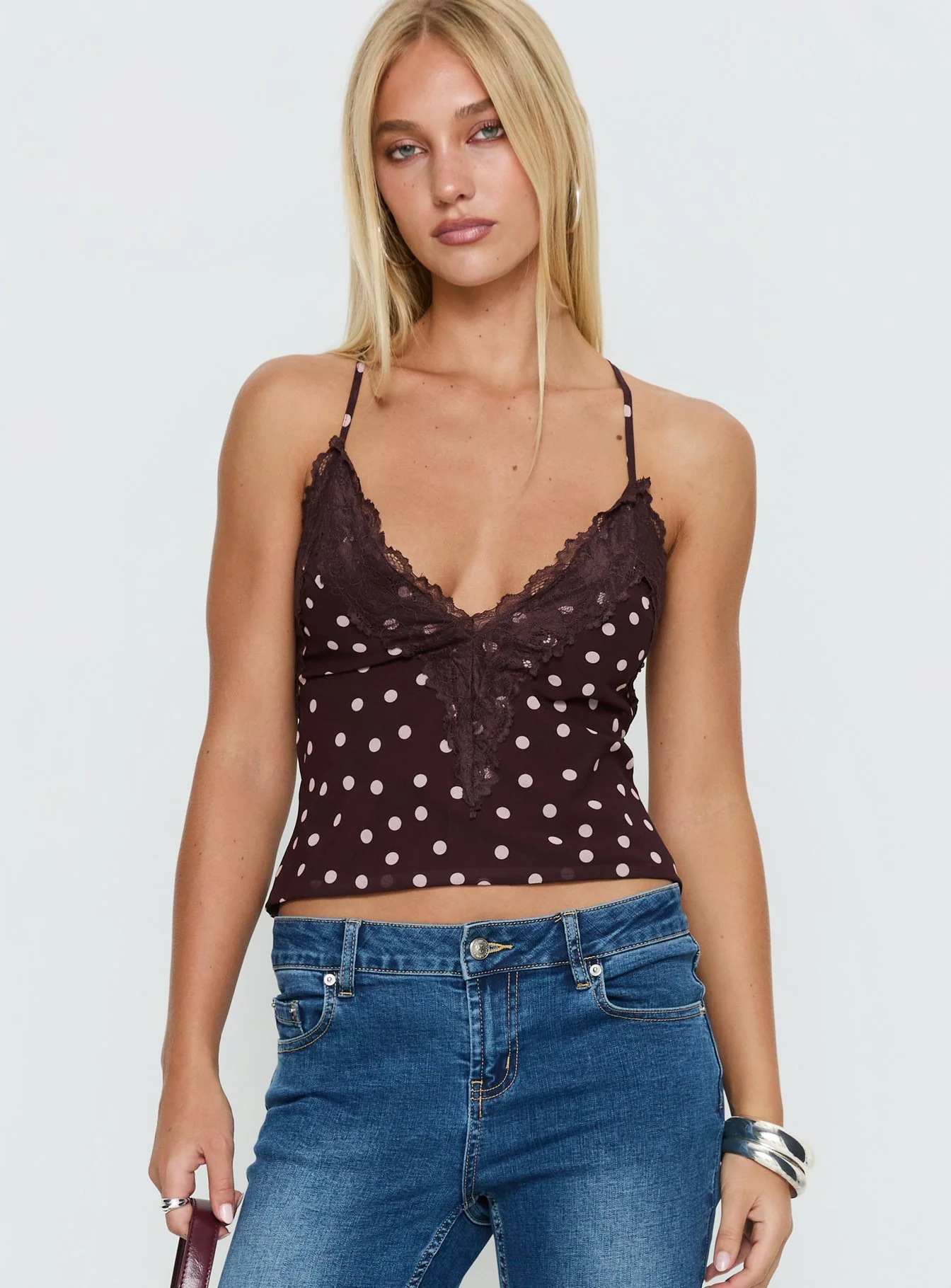 Call My Lover Lace Cami Top Brown Polka