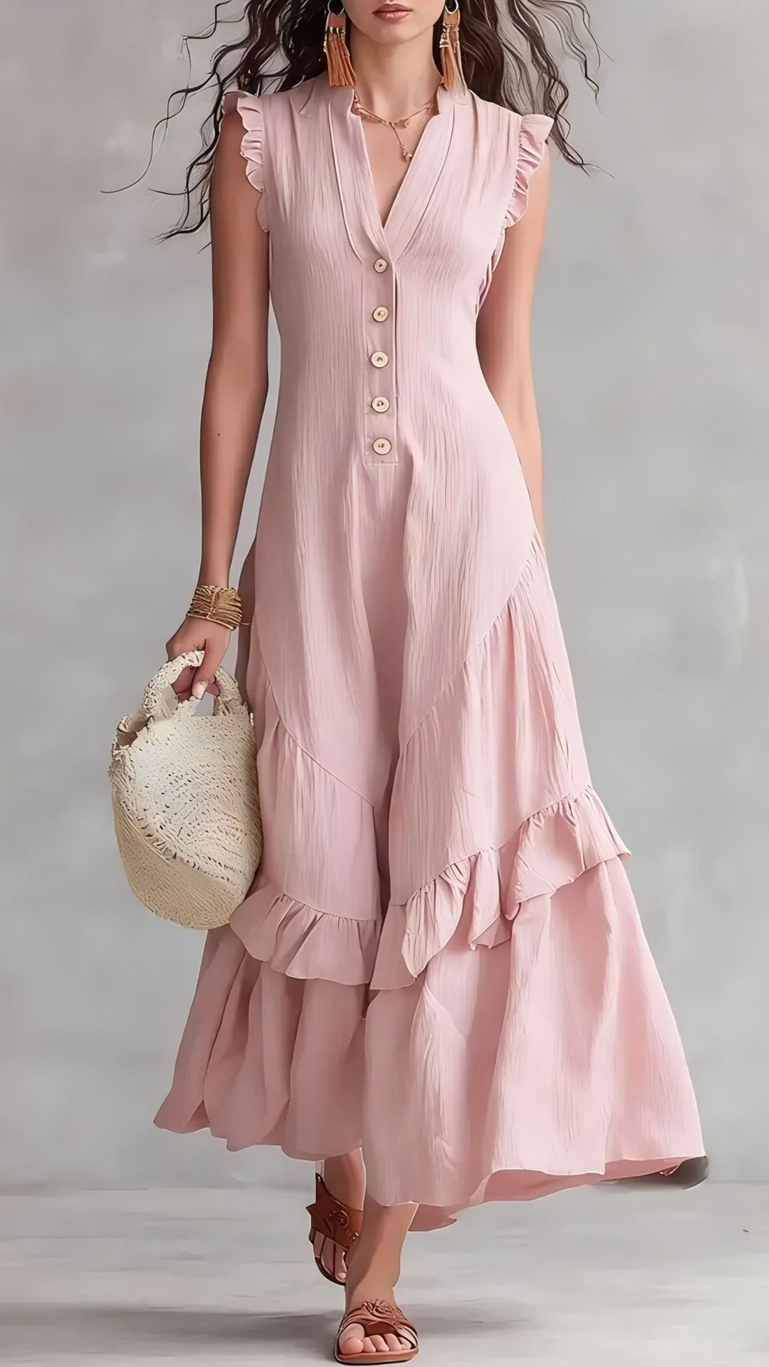 Women's Cotton-Blend Light Blue V-Neck Ruffle Sleeveless Dress - Nordfashionstorm - Women's Clothing, Fashion for You - Nordfashionstorm.com