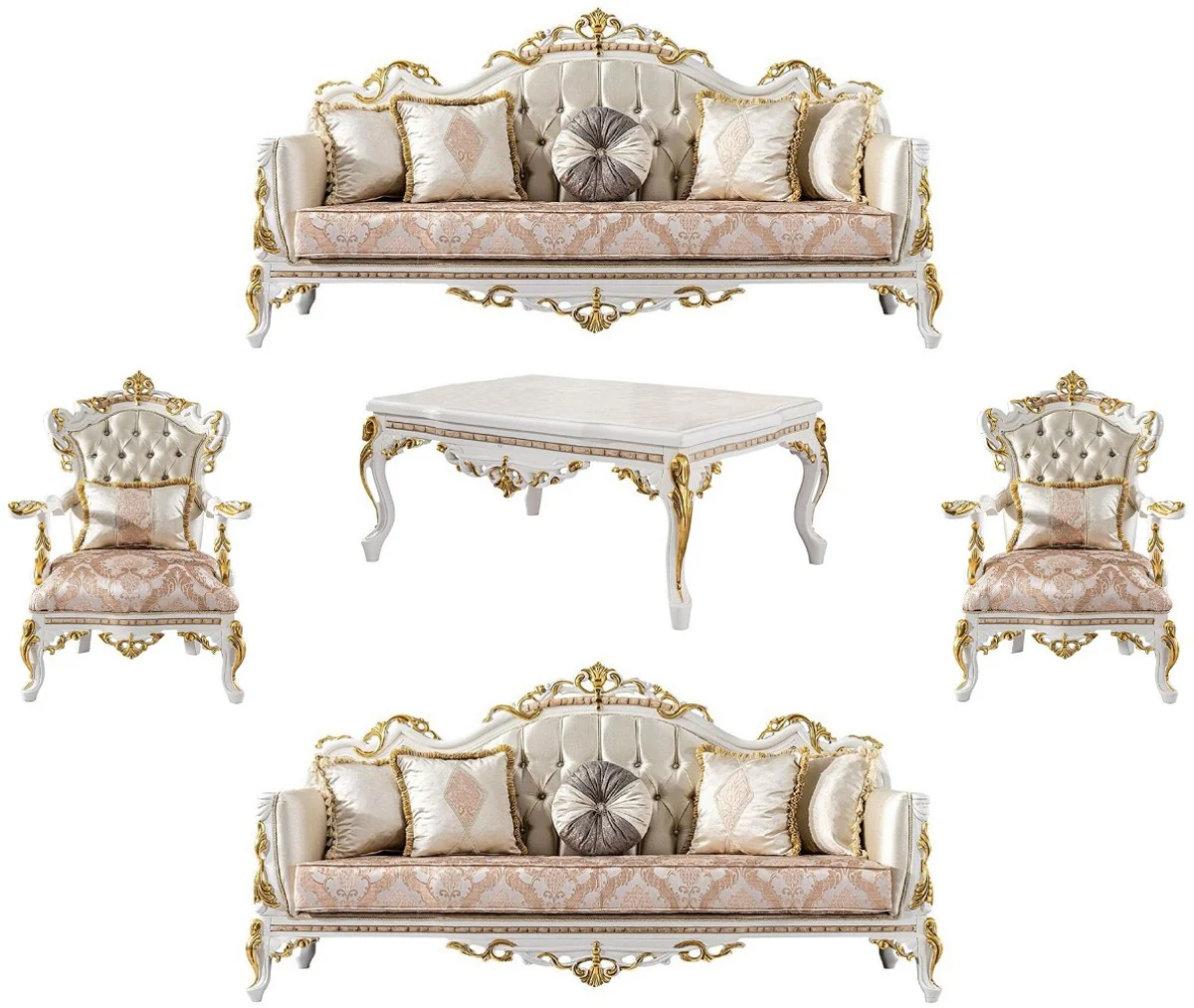 Luxury Baroque Living Room Set Gold / Silver / Brown / White / Gold - 2 Baroque Sofas & 2 Baroque Armchairs & 1 Baroque Coffee Table - Luxury Living Room Furniture in Baroque Style - Baroque Furniture