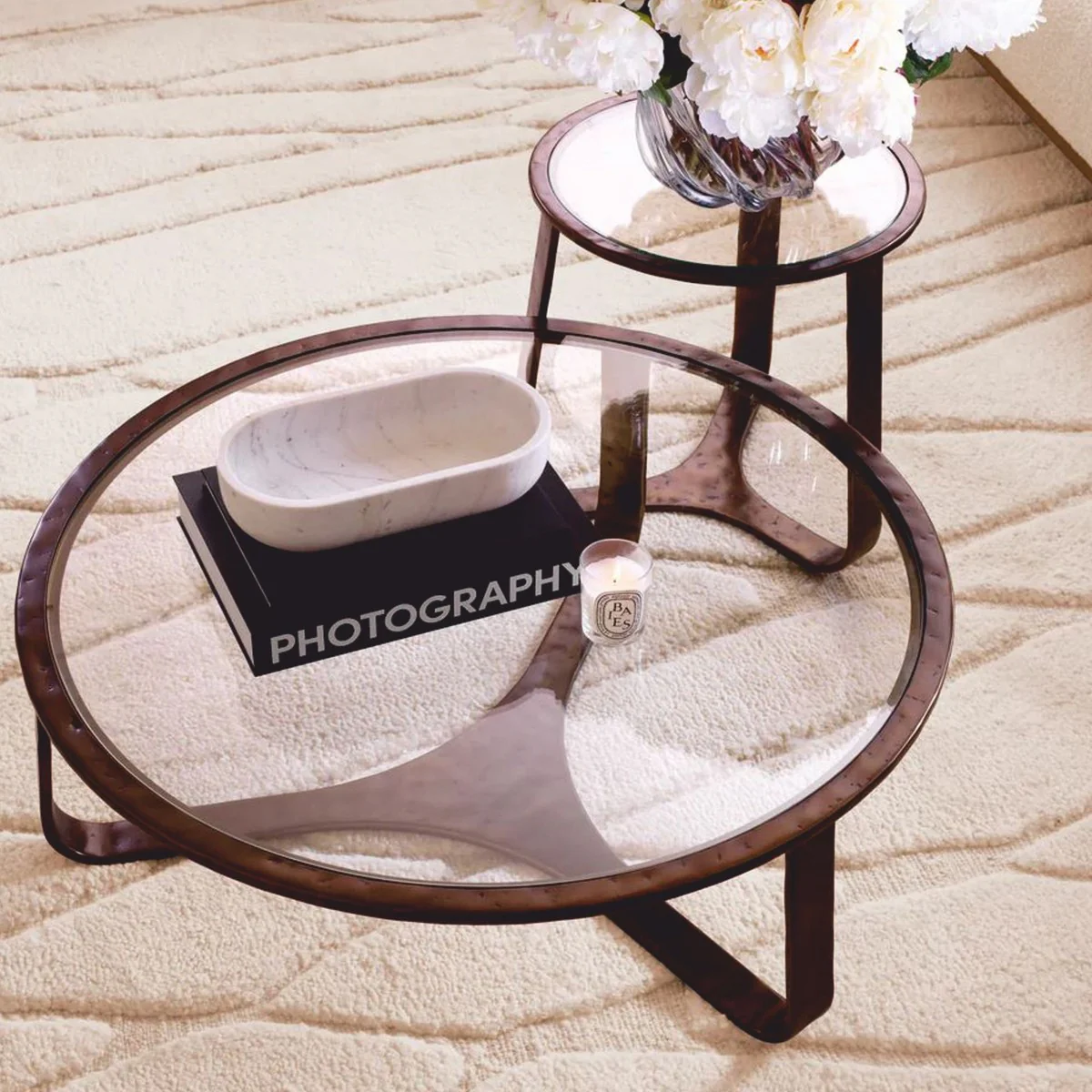 Luxury aluminum coffee table with glass top bronze Ø 102 cm - living room furniture
