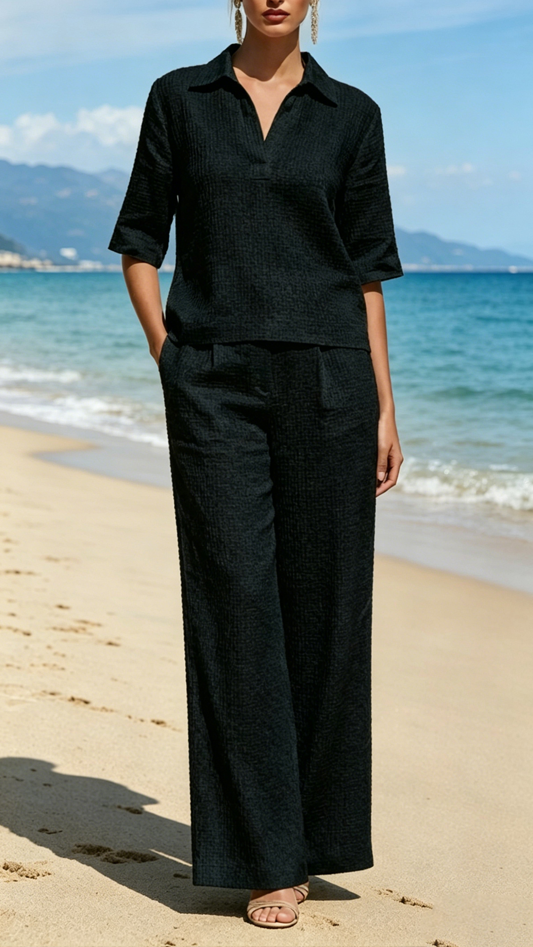 Women's Waffle Knit Polo Collar Wide-Leg Set - Nordfashionstorm - Women's Clothing, Fashion for You - Nordfashionstorm.com