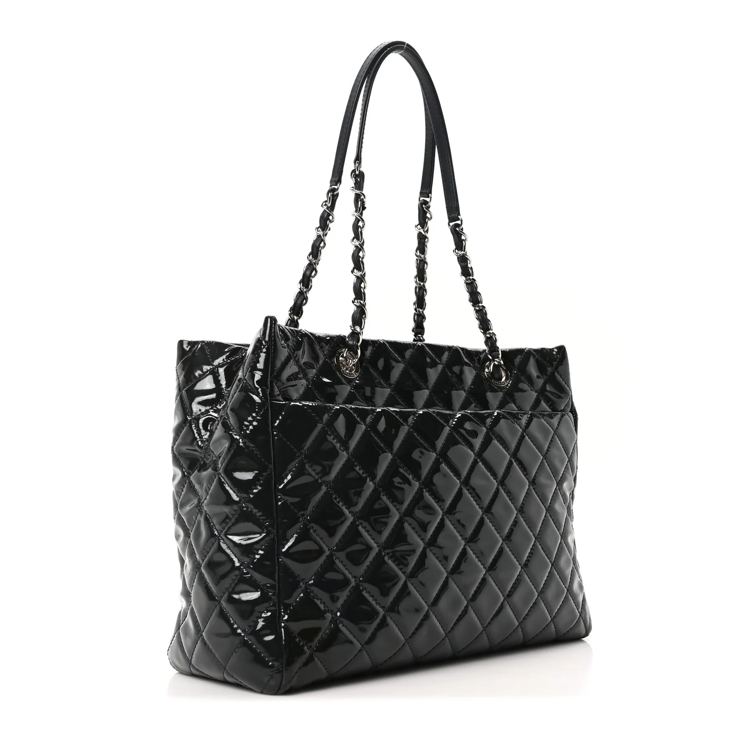 Patent Quilted Large Coco Shine Shopping Tote Navy - Top Club
