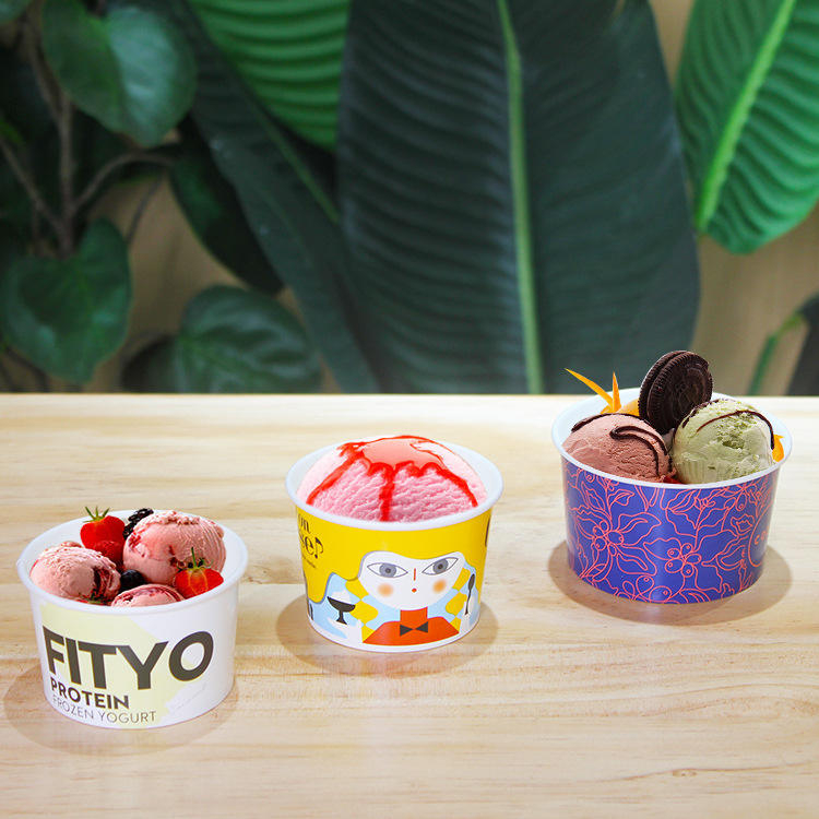 Eco-friendly biodegradable disposable custom logo printed ice cream cups with lids