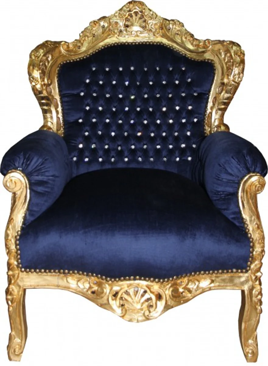 Baroque armchair King royal blue / gold with bling bling glitter stones - antique style armchair