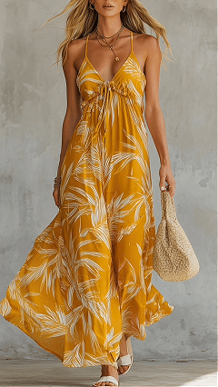 Women's Printed Yellow Sleeveless V-Neck Maxi Dress - Nordfashionstorm - Women's Clothing, Fashion for You - Nordfashionstorm.com