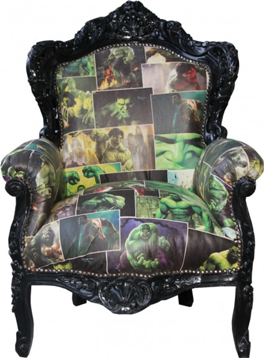 Baroque Armchair King Comic Design / Black Leather Look - Furniture