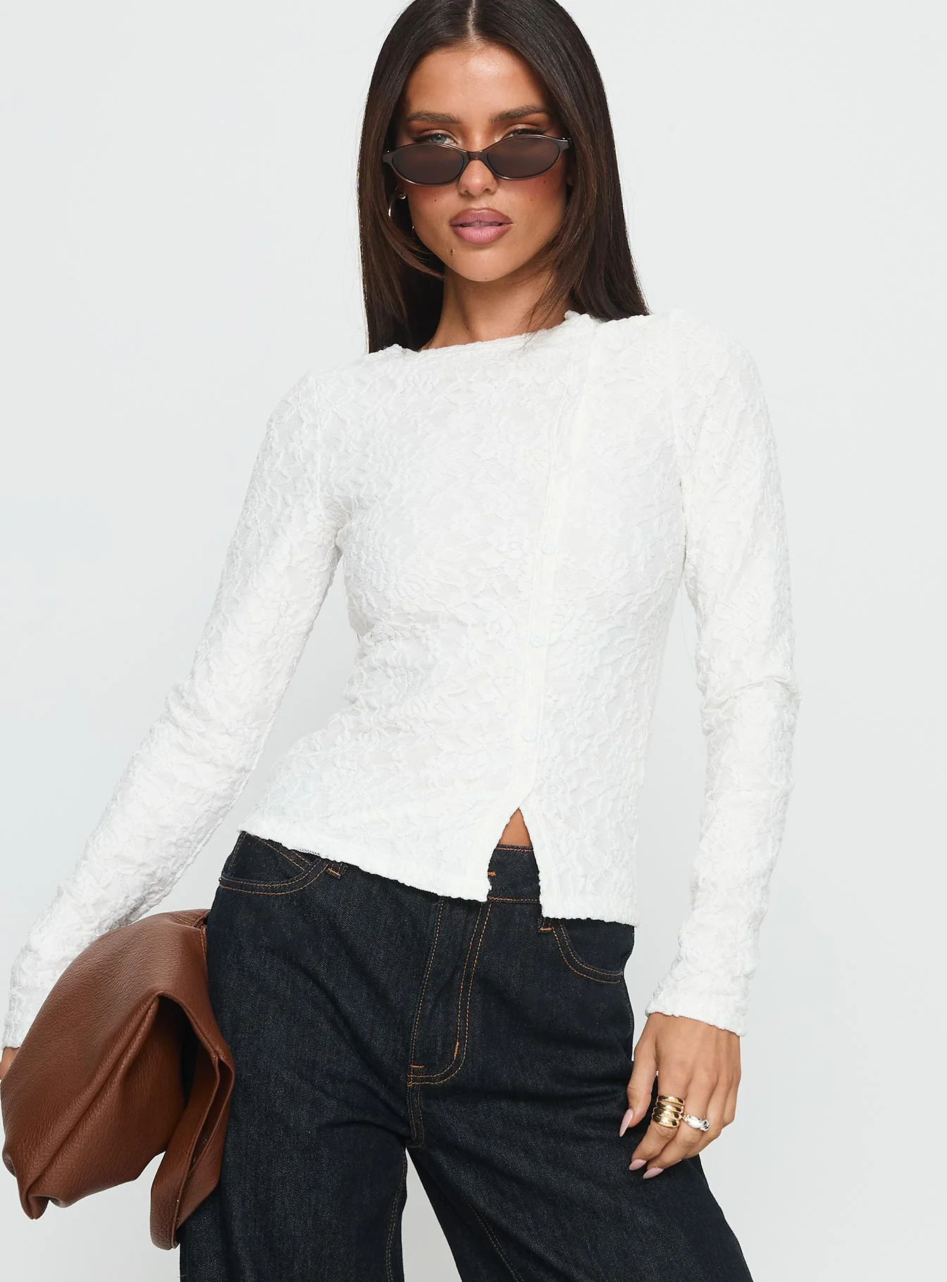 Passoni Long Sleeve Lace Top White