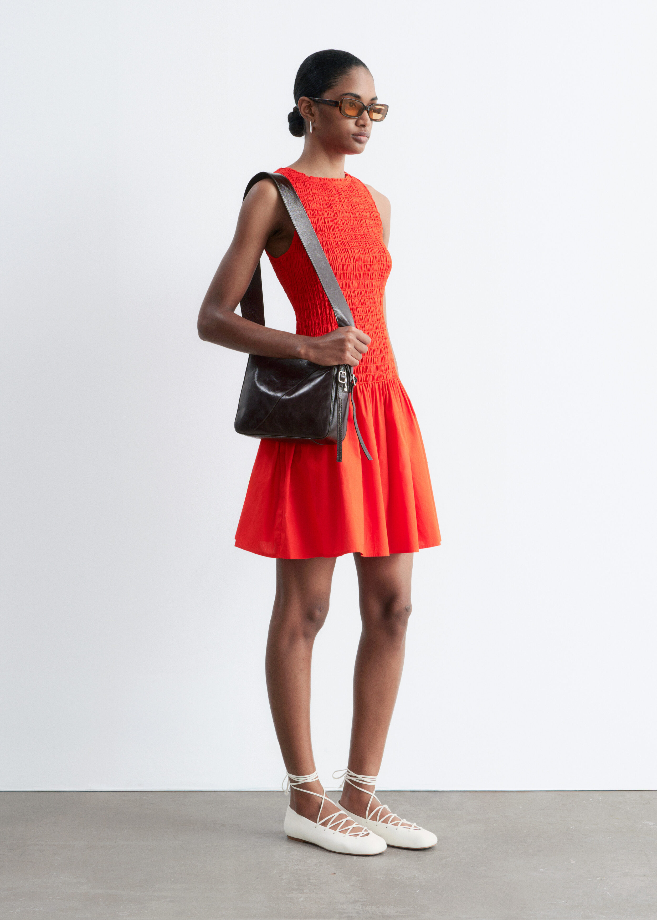 & Other Stories SMOCKED COTTON POPLIN MINI DRESS