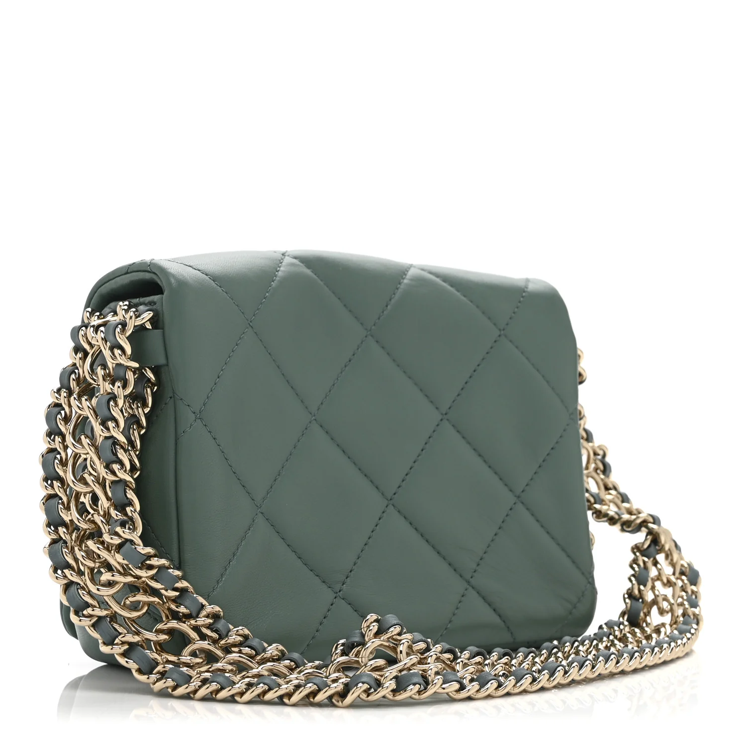 Lambskin Quilted Mini Chain Rows Flap  Green - Top Club