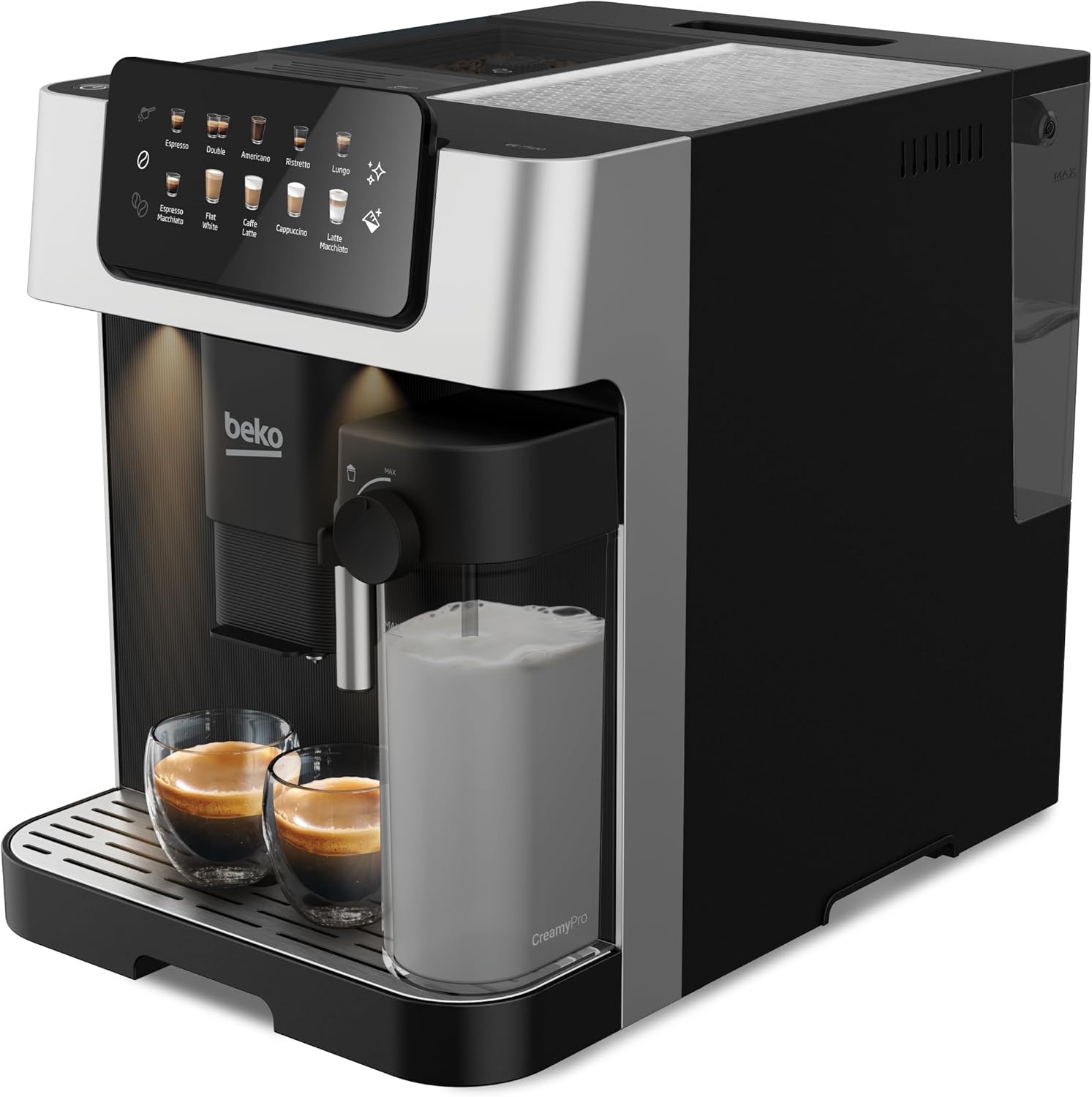 Beko - CEG7304X - Macchina Caffè Automatica con Lattiera, Digitale, Preinfusione automatica, Pressione 19 bar - Nera, 27,5 x 40,5 x h34 cm