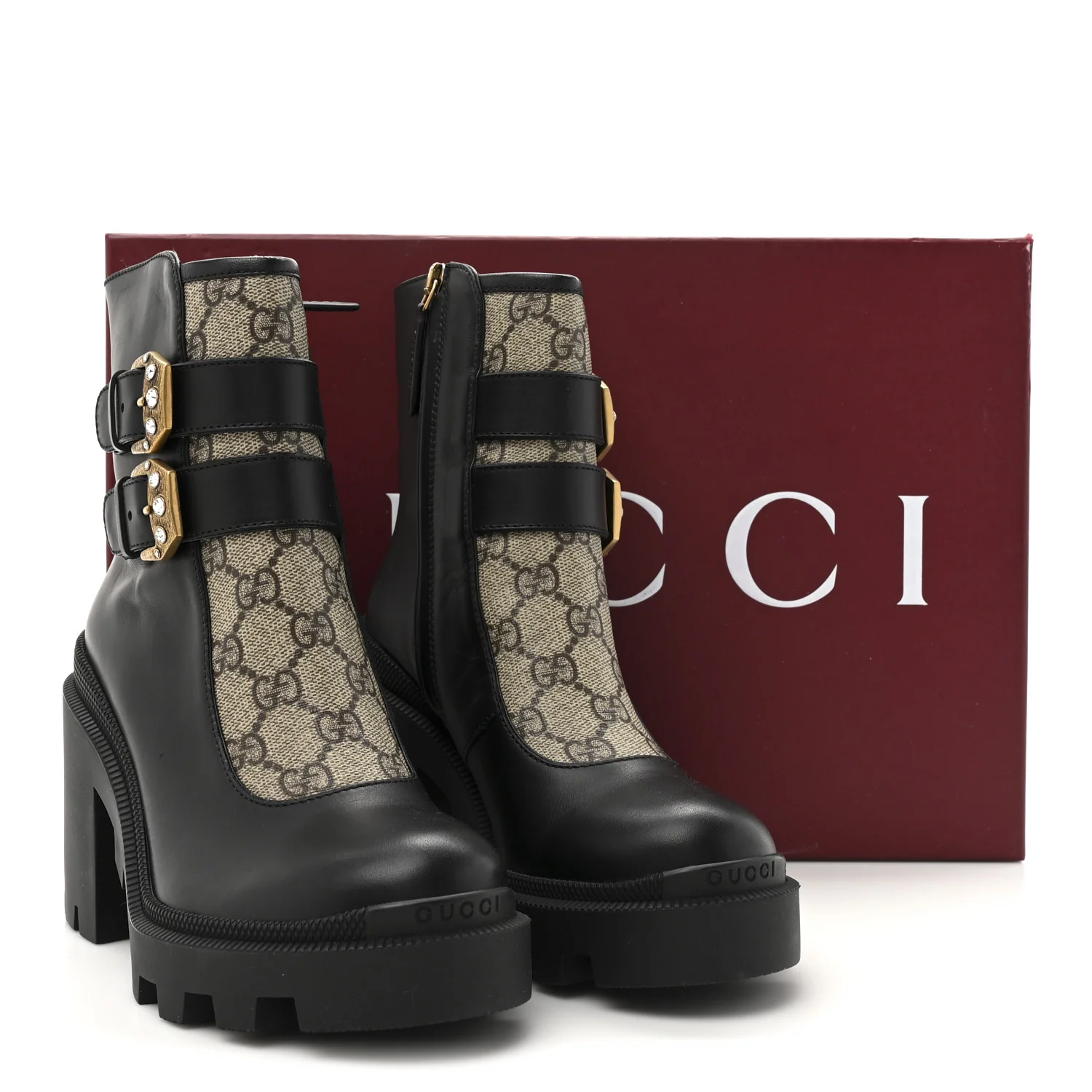 Kensington Calfskin Nappa GG Supreme Monogram Womens Double Buckle Ankle Boots 35 Black - Top Club