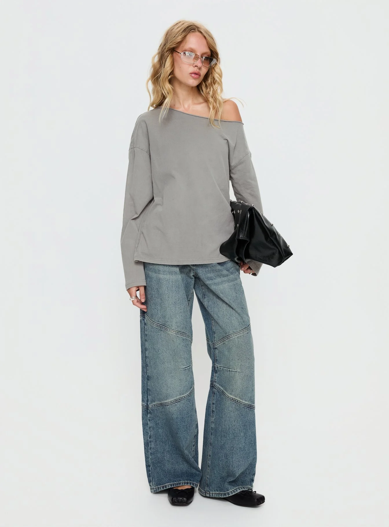 Karlyn Off Shoulder Long Sleeve Top Grey