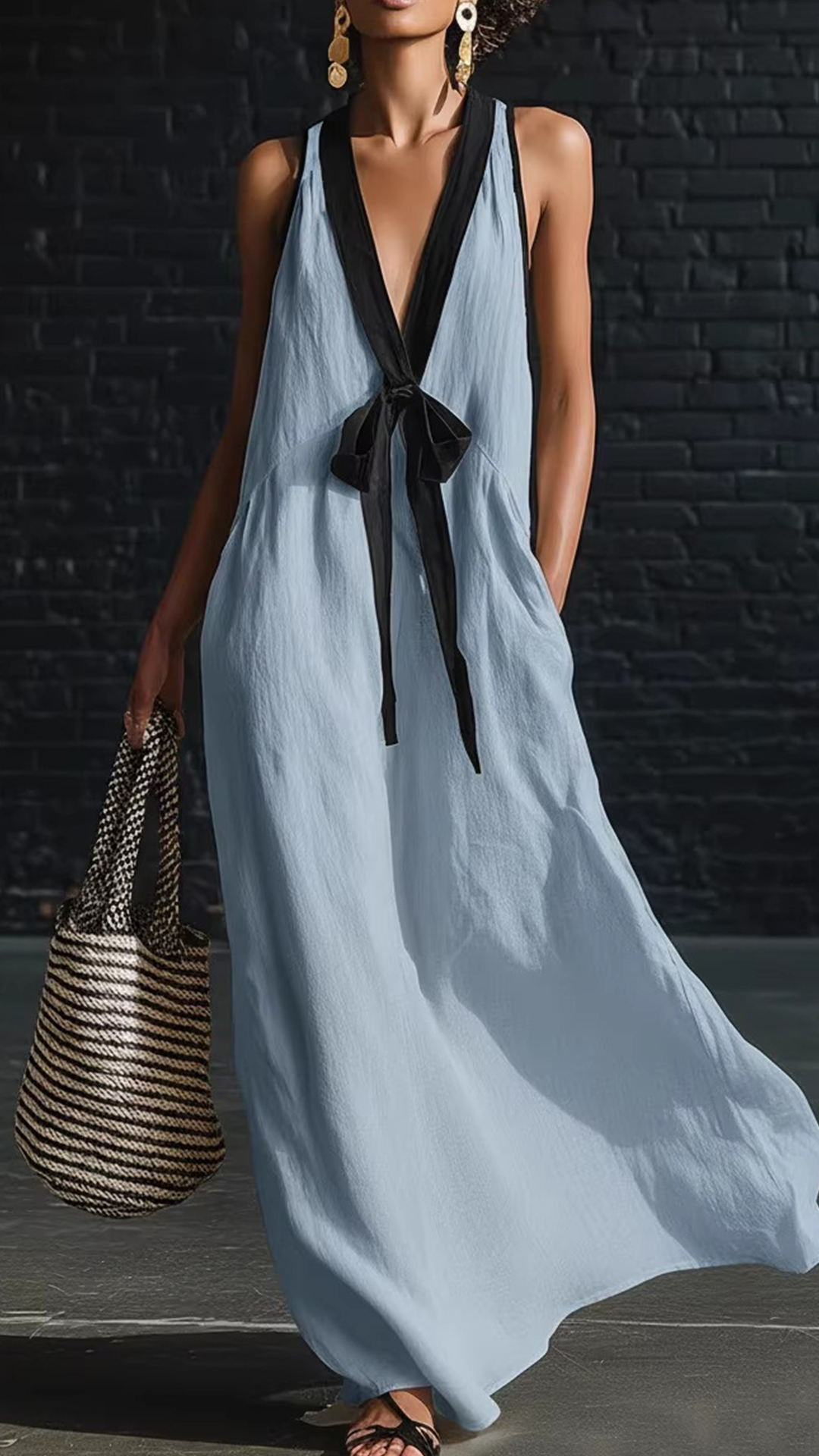 Women's Cotton-Blend Color-Blocked V-Neck Tie Sleeveless Maxi Dress - Nordfashionstorm - Women's Clothing, Fashion for You - Nordfashionstorm.com