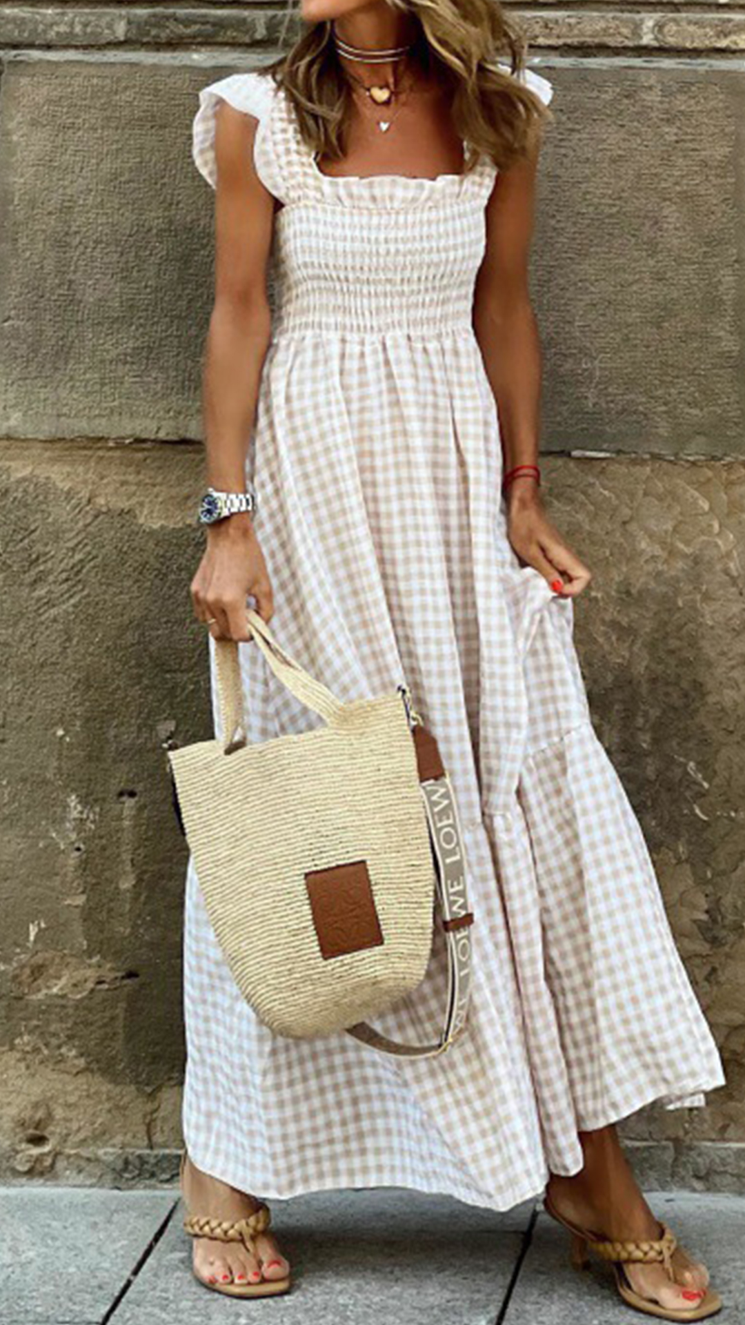 Women's  Beige Gingham Linen-Blend Maxi Dress - Nordfashionstorm - Women's Clothing, Fashion for You - Nordfashionstorm.com