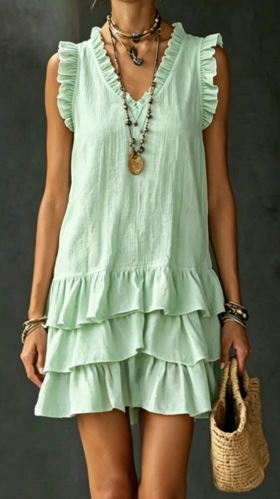 Women's Casual V-Neck Ruffle-Trim Tiered Dress — Sleeveless Tank Dress - Nordfashionstorm - Women's Clothing, Fashion for You - Nordfashionstorm.com