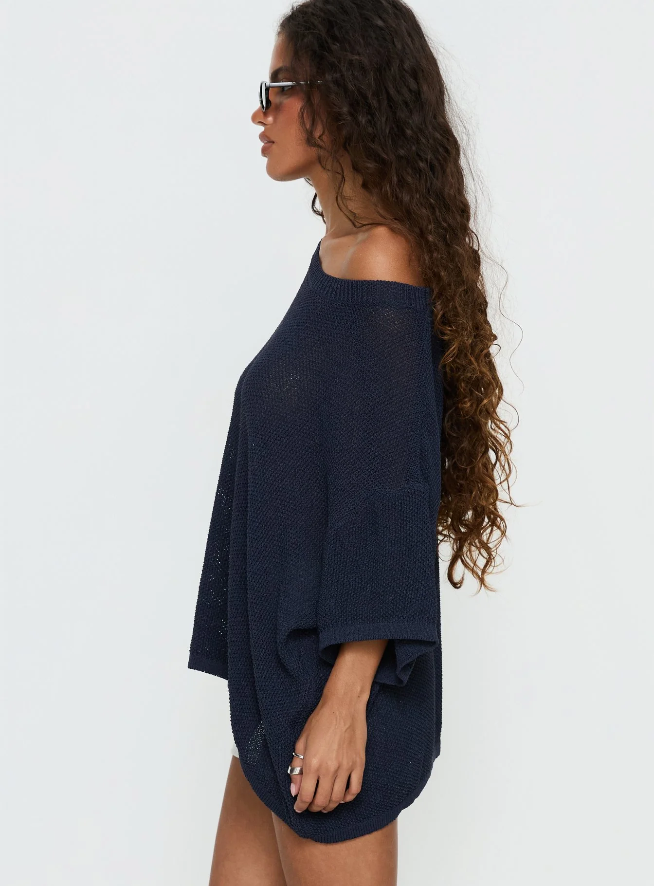 Seara Off Shoulder Knit Top Navy