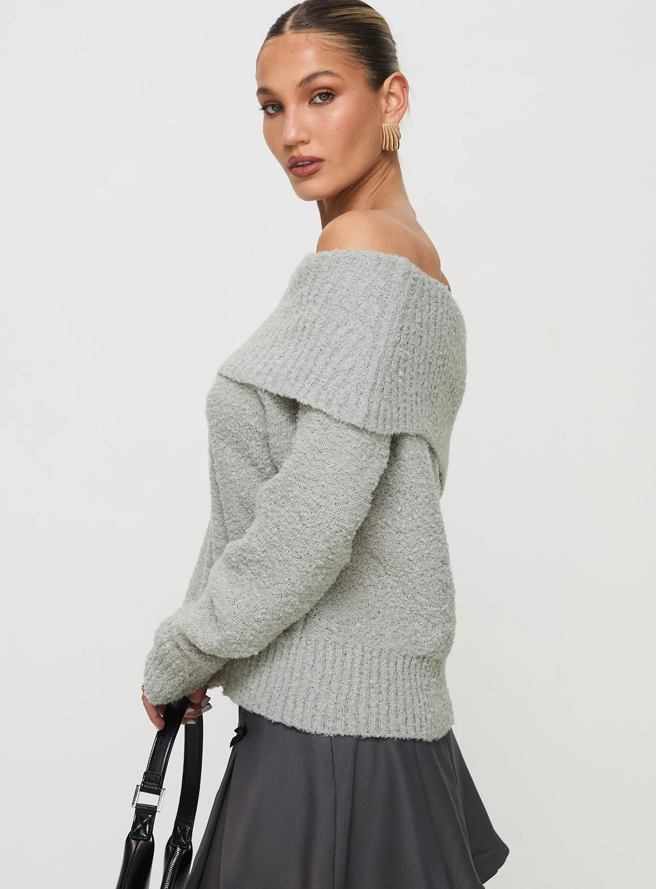 Parkley Boucle Off The Shoulder Sweater Grey Marle