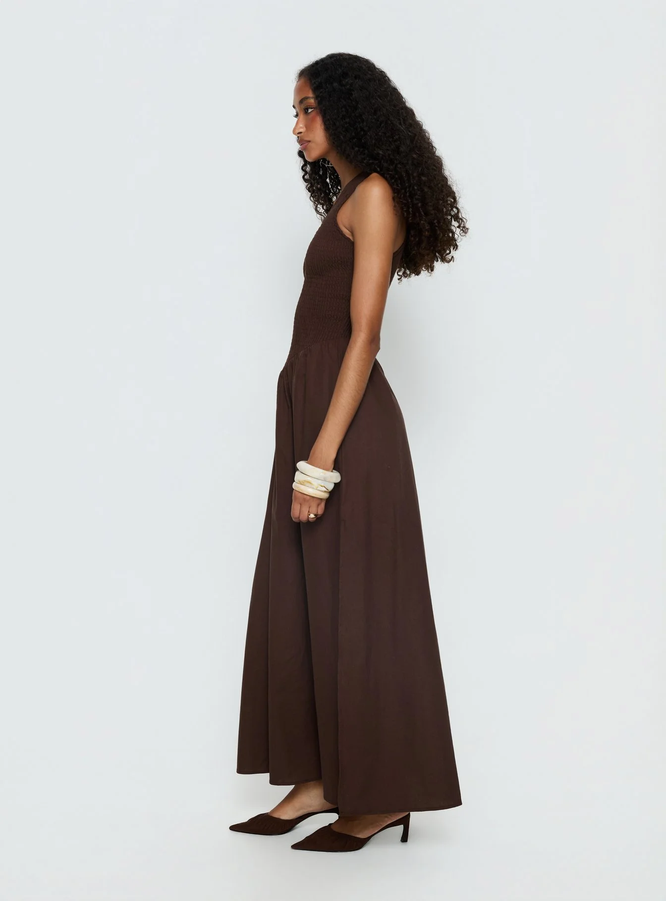Highgate Drop Waist Pleat Detail Maxi Dress Chocolate