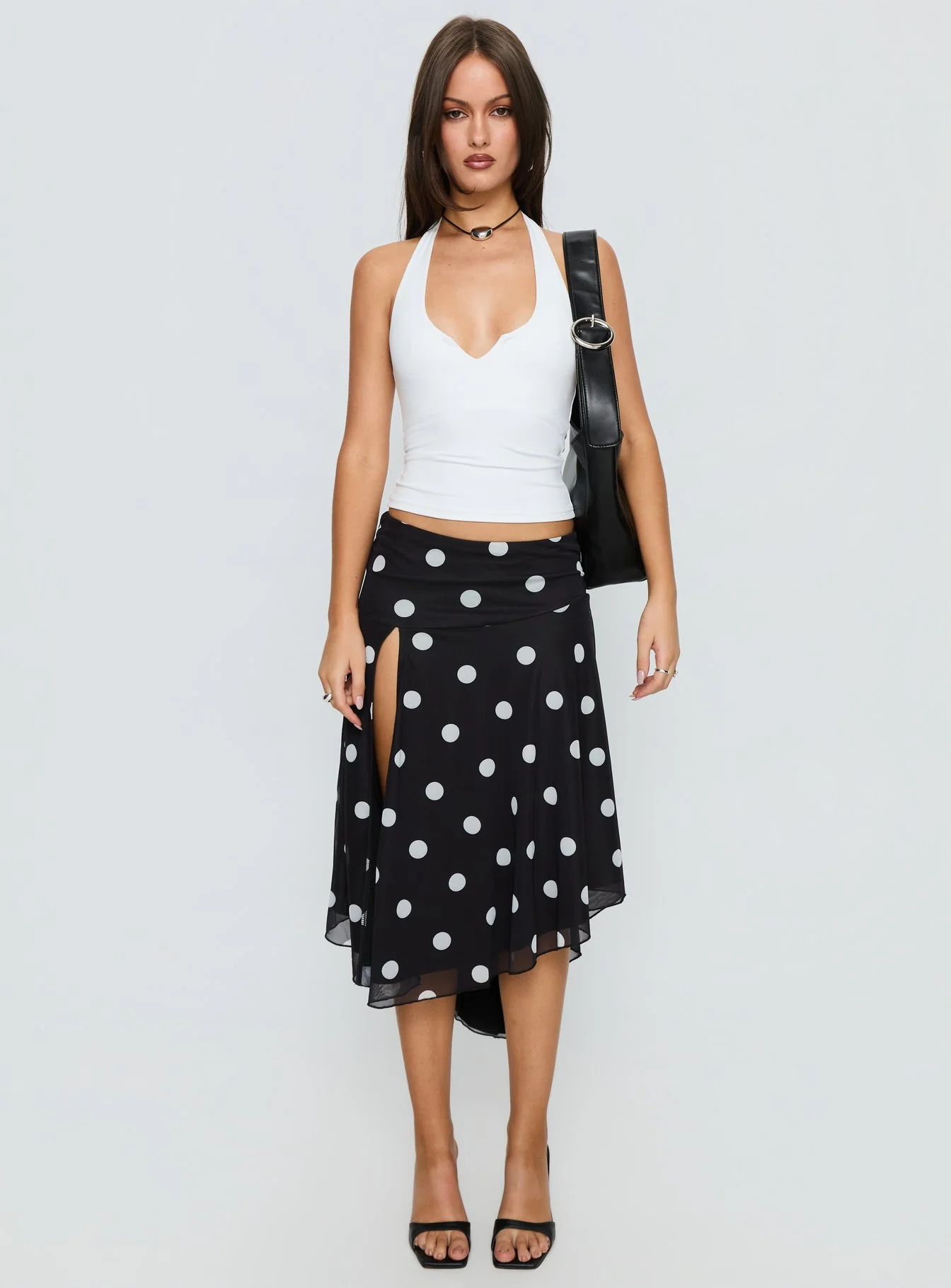 Dulciana High Split Asymmetrical Midi Skirt Black / Polka Dot