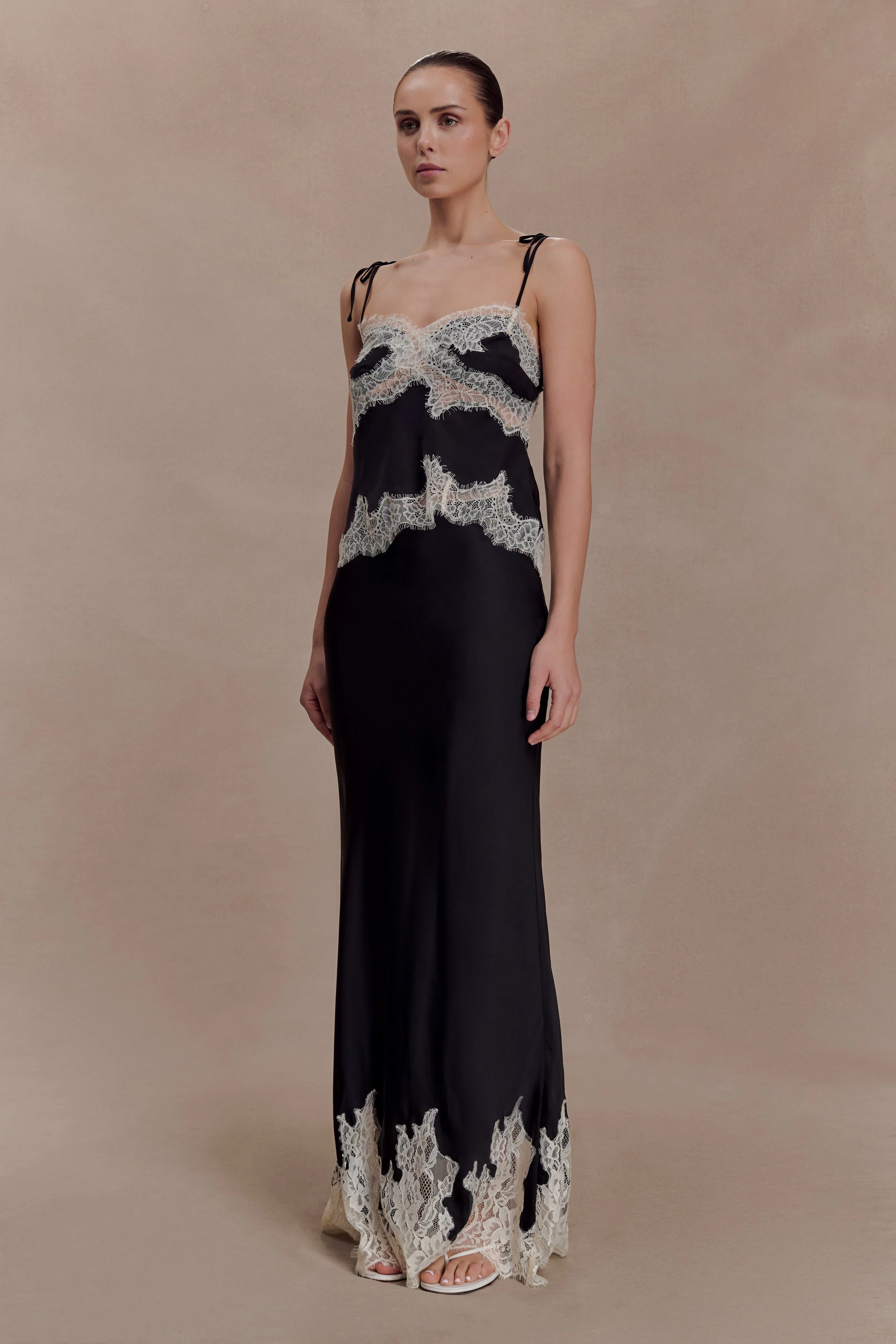 Nina Satin And Lace Maxi Skirt - Black/Ivory