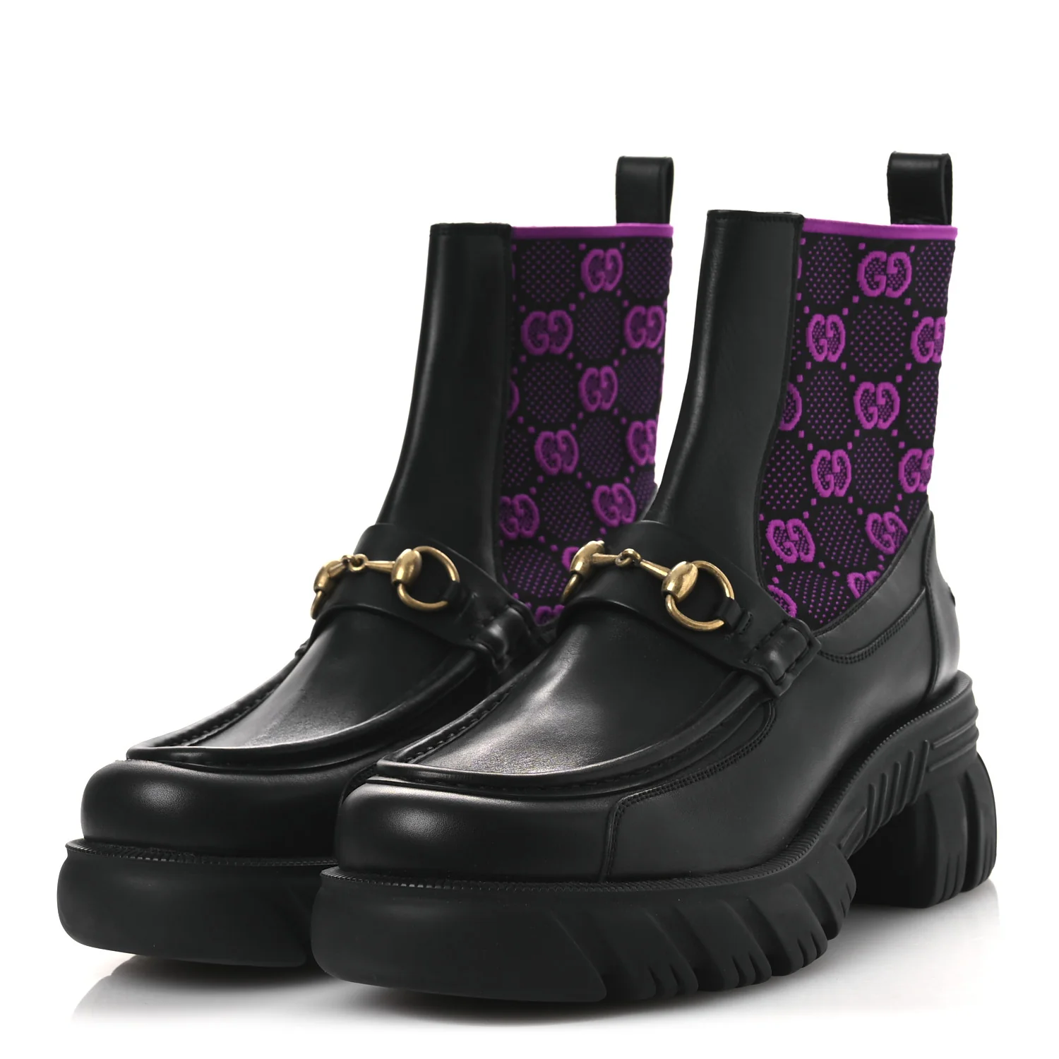Quebec Calfskin Technical Jersey Knit GG Monogram Horsebit Ankle Boots 42 Black Fucsia - Top Club