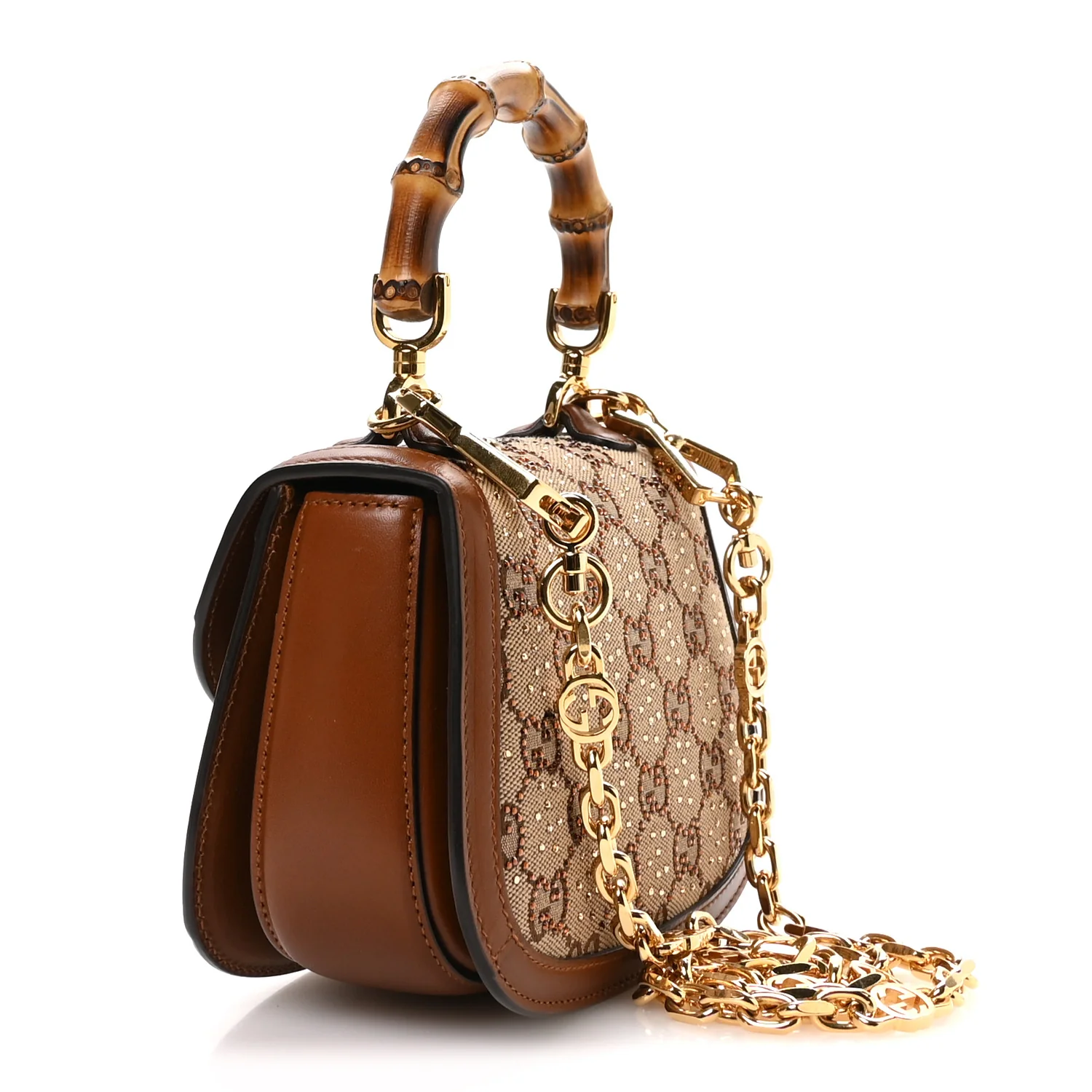 New Canvas Charisma Calfskin Crystal GG Monogram Small Bamboo 1947 Top Handle Bag Camel Ebony - Top Club