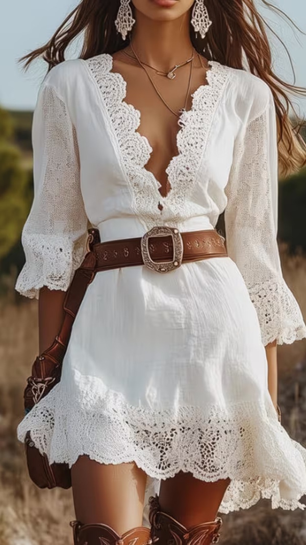 Women's Loose-Fit Linen Dress with Flared Sleeves, V-Neck, and Lace Trim - Nordfashionstorm - Women's Clothing, Fashion for You - Nordfashionstorm.com