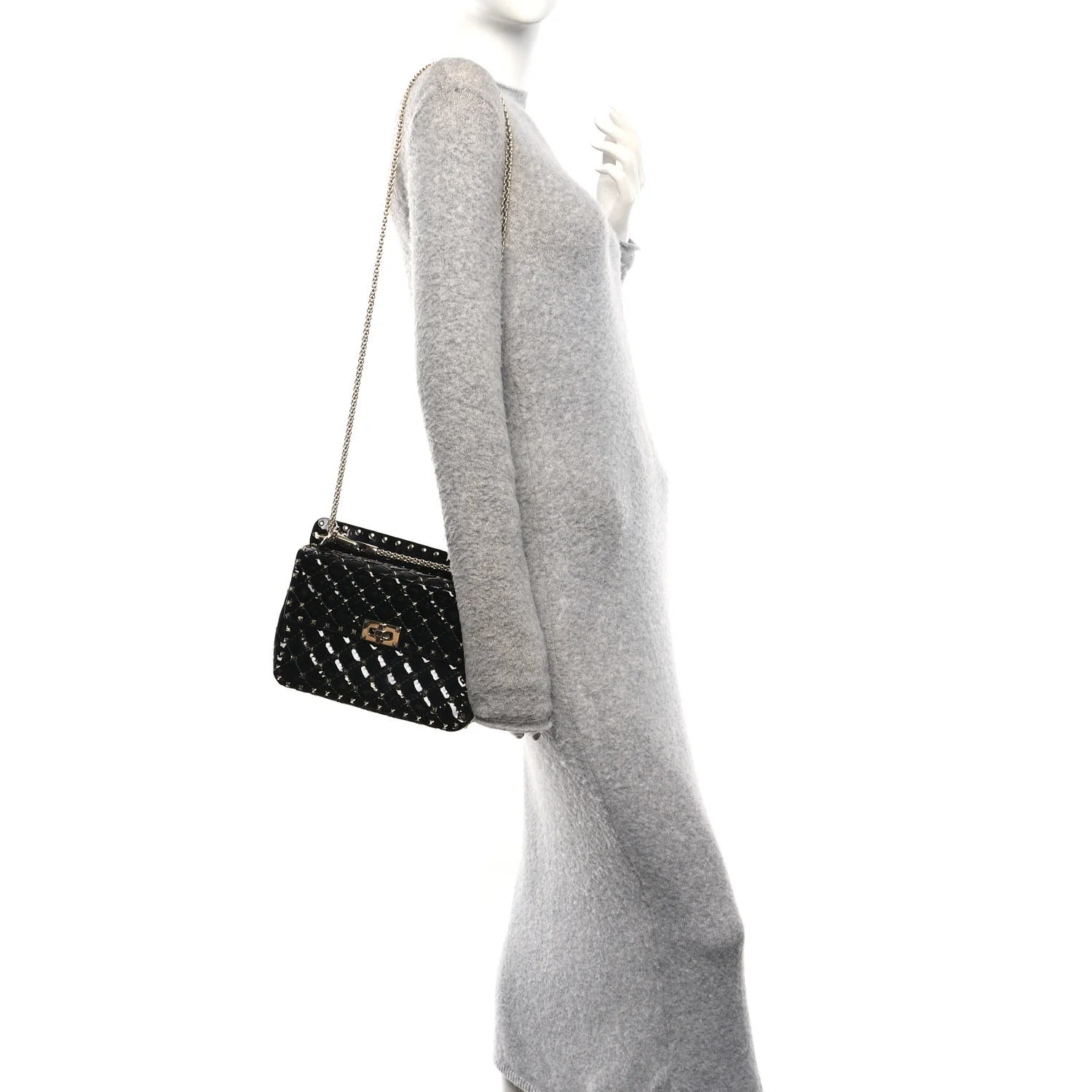 Patent Medium Rockstud Spike Shoulder Bag Black