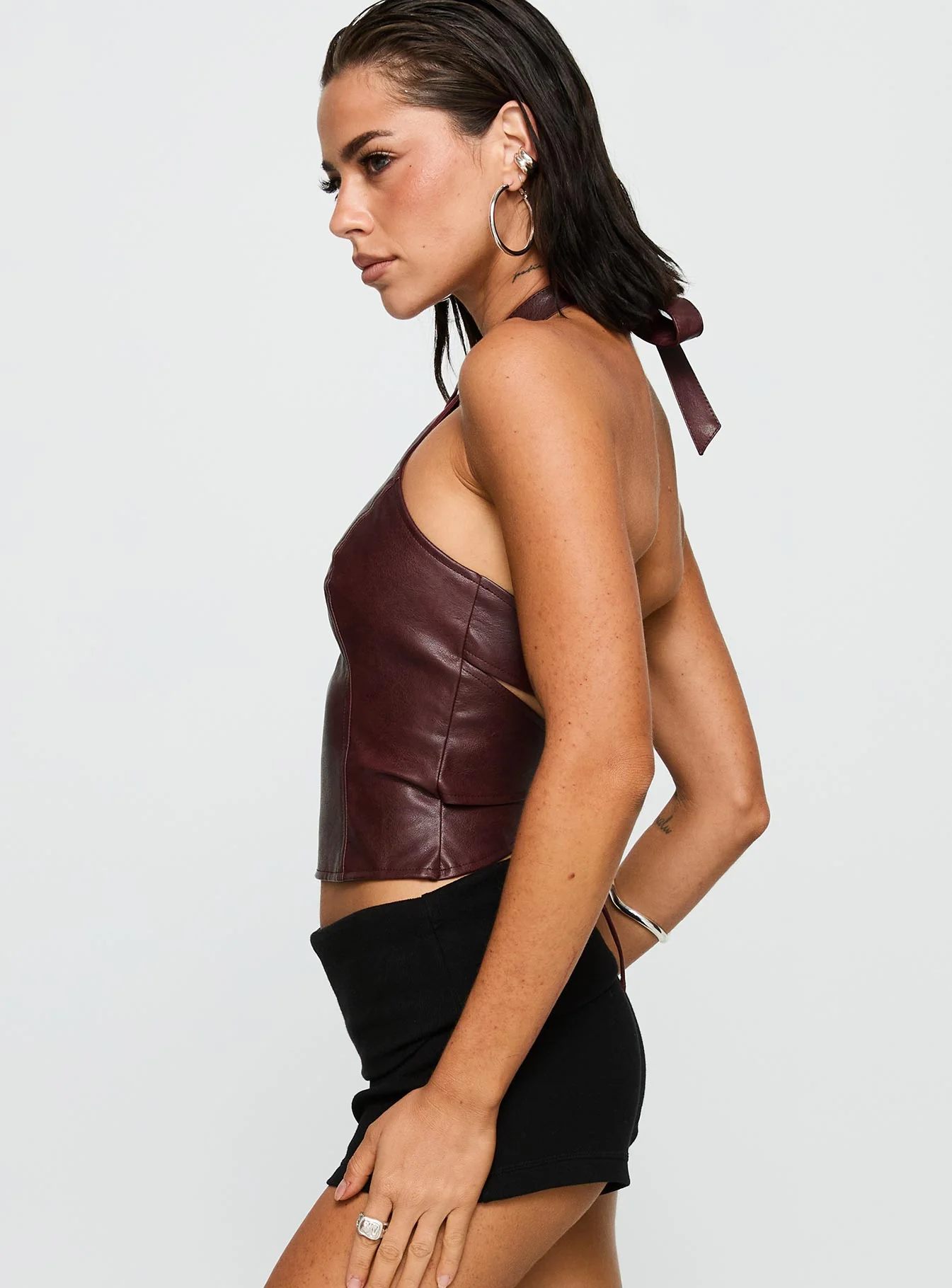 Treat You Better Ring Detail Faux Leather Top Burgundy