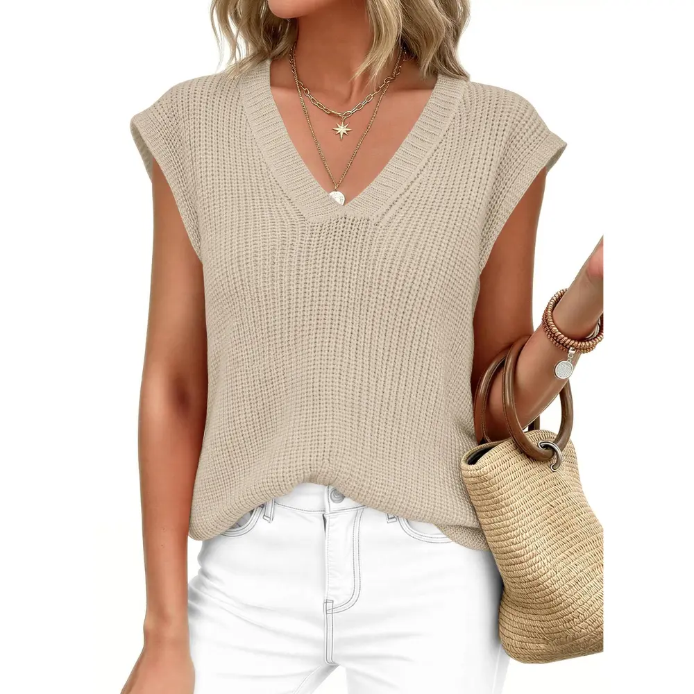PrettyGarden Women's Lightweight Sweaters Vest Spring Trendy Cap Sleeve V Neck Knit Tank Tops Summer Going Out Outfits