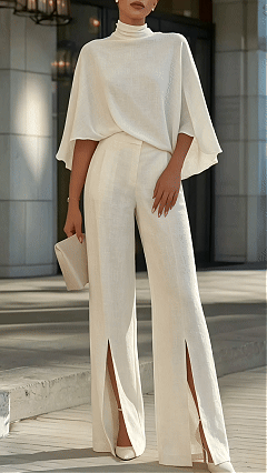Women's Elegant Mock Neck Shawl Collar Cardigan Top with Slit Wide-Leg Trousers Two-Piece Suit - Nordfashionstorm - Women's Clothing, Fashion for You - Nordfashionstorm.com