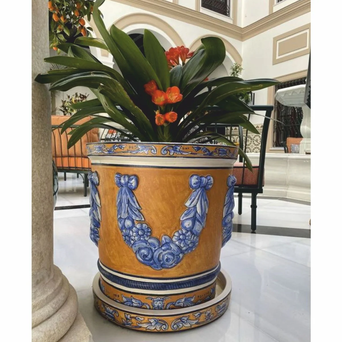Luxury baroque ceramic flower pot beige / blue / white Ø 53 x H. 54 cm