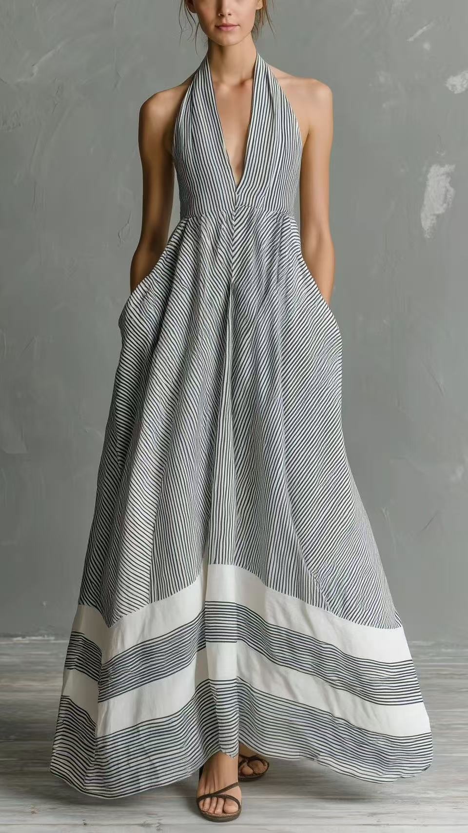 Women's Halter V-Neck Zebra Print Dress with a Full Skirt - Nordfashionstorm - Women's Clothing, Fashion for You - Nordfashionstorm.com