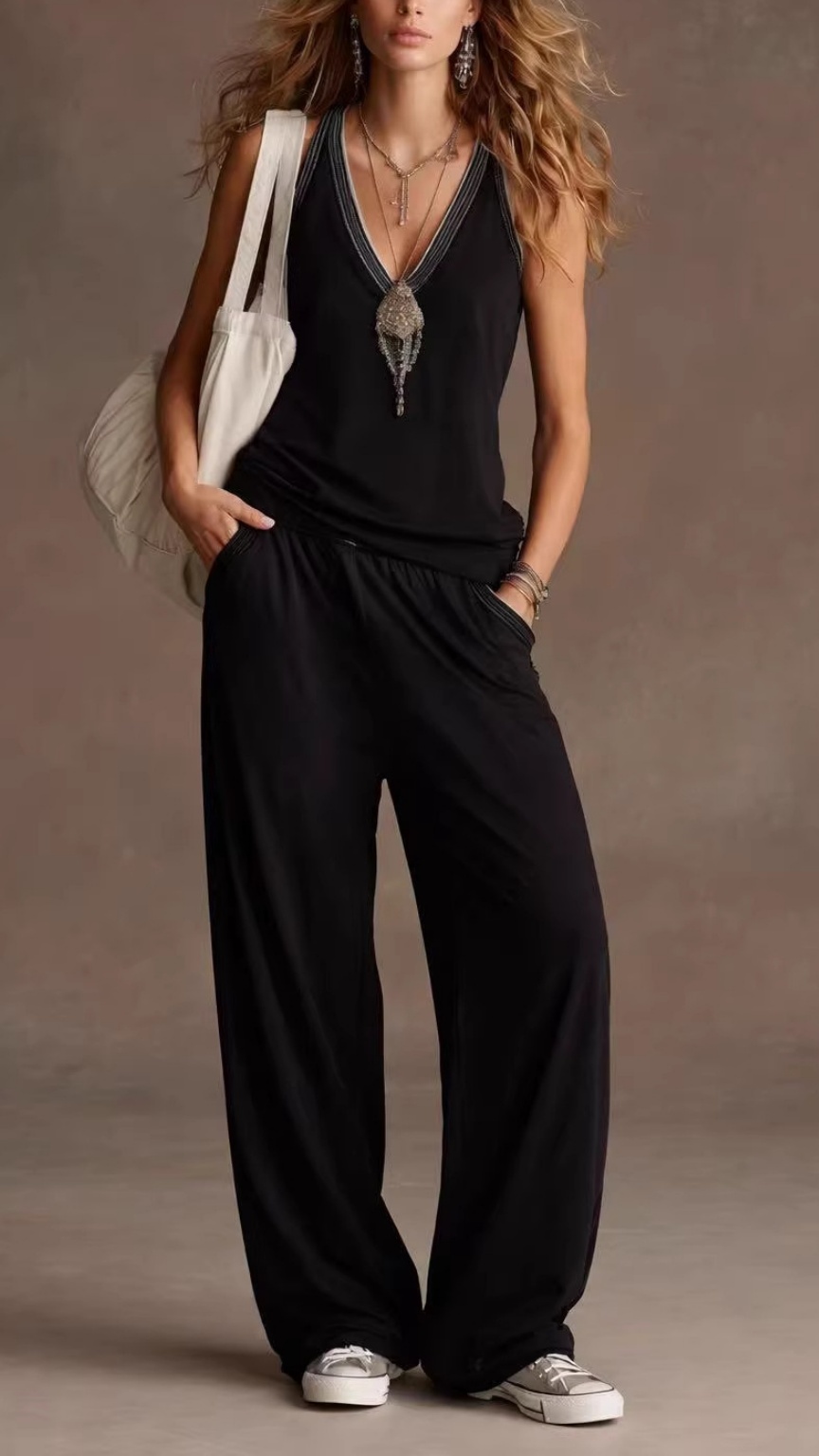 Women's V-Neck Sleeveless Wide-Leg Pants Two-Piece Set - Nordfashionstorm - Women's Clothing, Fashion for You - Nordfashionstorm.com