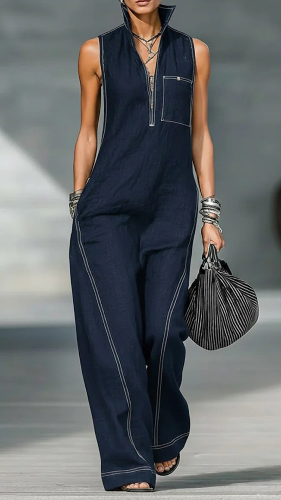 Women's Cotton-Blend Stitched Detail Sleeveless Wide-Leg Jumpsuit - Nordfashionstorm - Women's Clothing, Fashion for You - Nordfashionstorm.com