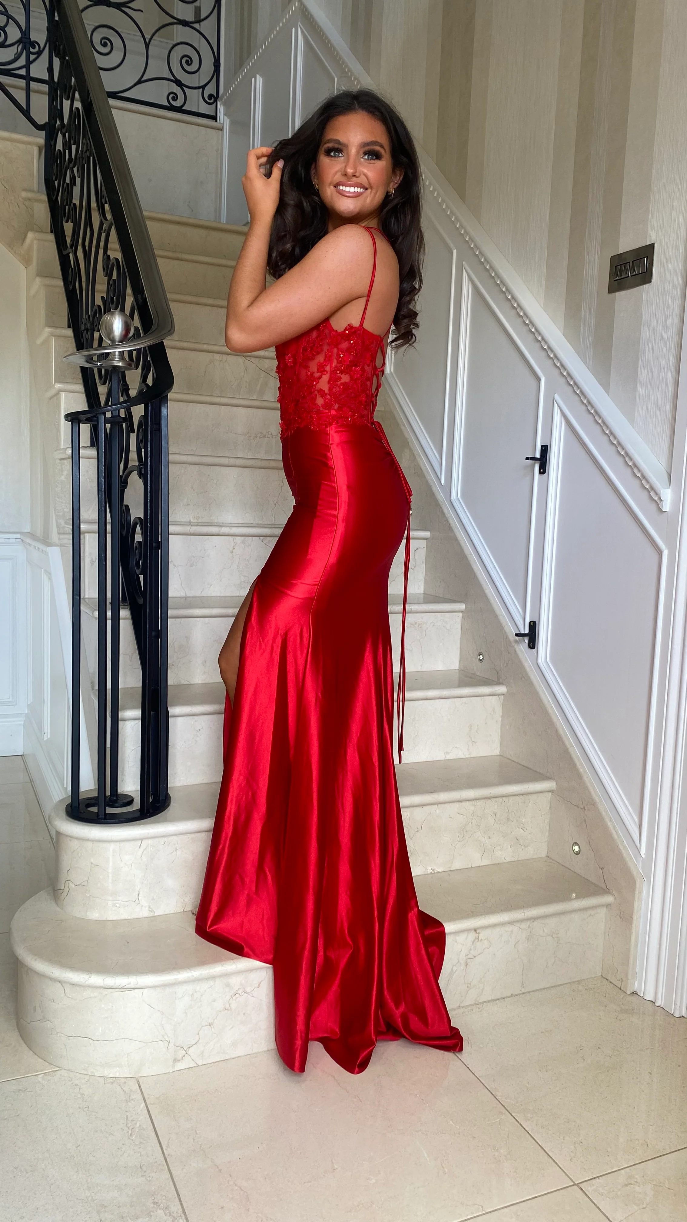 Red Satin Skirt Corset Top Full Length Gown