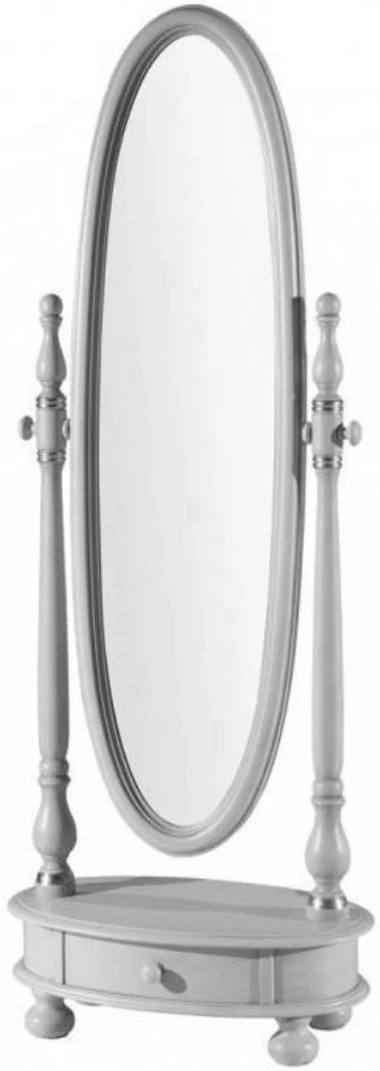 Luxury baroque standing mirror light gray / silver 62 x 37 x H. 169 cm - Oval bedroom mirror with drawer - Luxury quality - Made in Italy