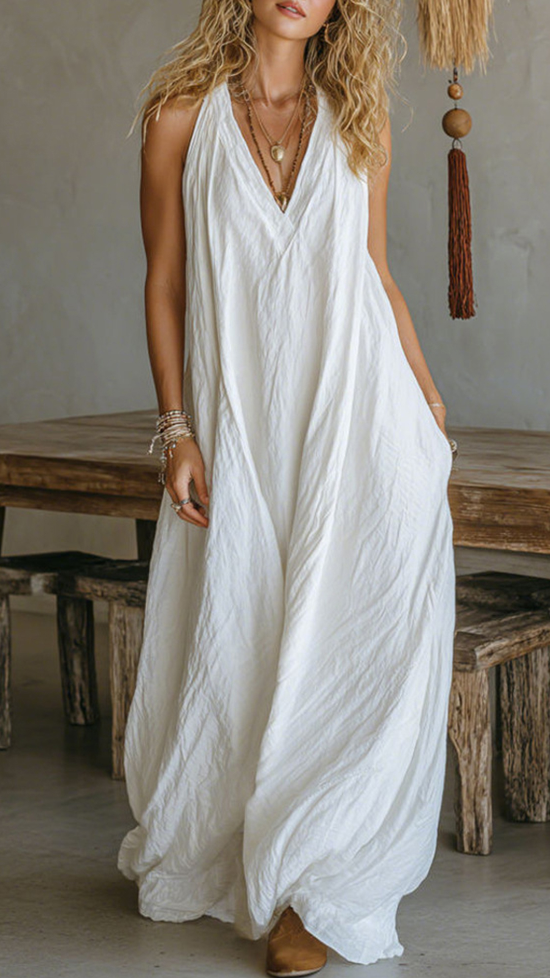 Women's Halter V-Neck Linen-Blend Maxi Dress - Nordfashionstorm - Women's Clothing, Fashion for You - Nordfashionstorm.com